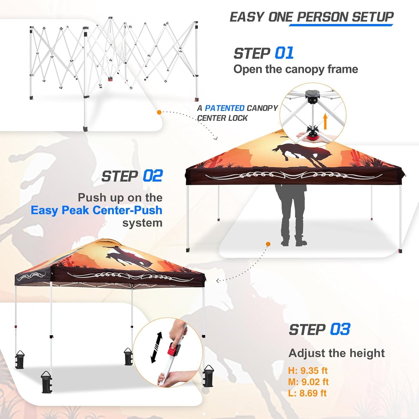 EAGLE PEAK Pop Up Canopy Tent with Wheeled Carry Bag, 8 Stakes, 4 Ropes, 4 Weight Bags, Easy Set Up Tent Canopy, 10x10 ft, 100sqft of Shade, Cowboy