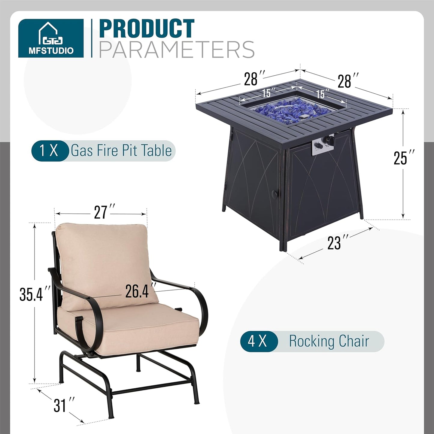 MFSTUDIO 5 Pieces Large Patio Sofa Conversation Set with 28 Inch Propane Fire Pit Table, Metal Outdoor Sectional Furniture with Thick Cushion Motion Chairs Gas Fire Pit