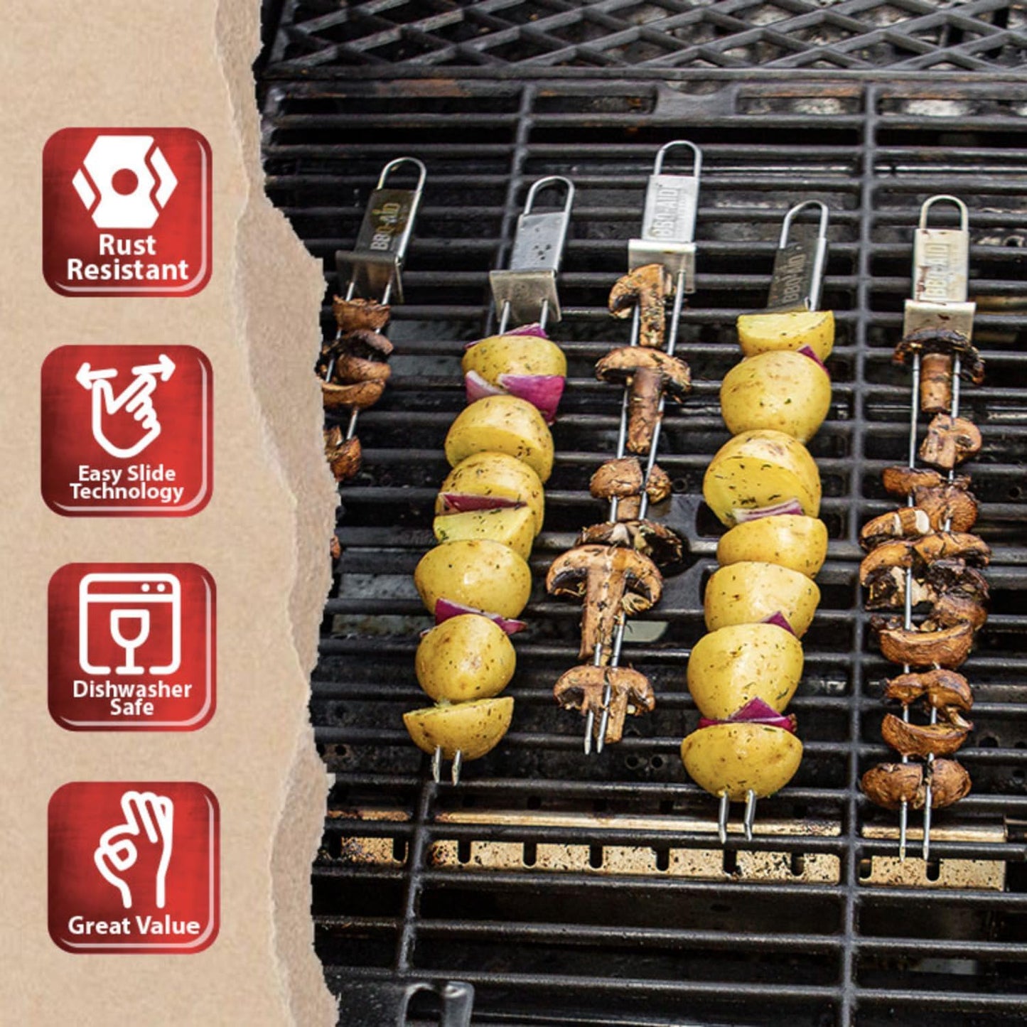 BBQ-AID Premium Barbecue Double Pronged Stainless Steel Skewers for Grilling - Quick Release Kebab Sticks for Veggies & More