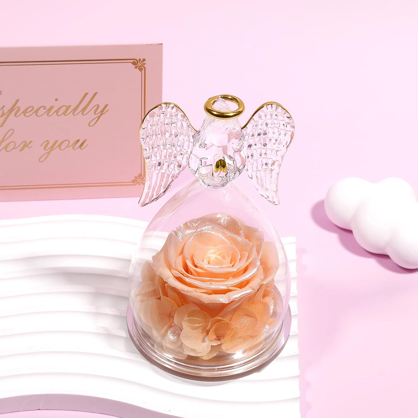 Yamonic Mom Birthday Gifts for Mom,Angel Figurines with Real Rose Gifts for Her Women Grandma, Preserved Flowers Rose Angel Figurines for Mothers Day Christmas Anniversary Wife Gifts(Pearl Champagne)