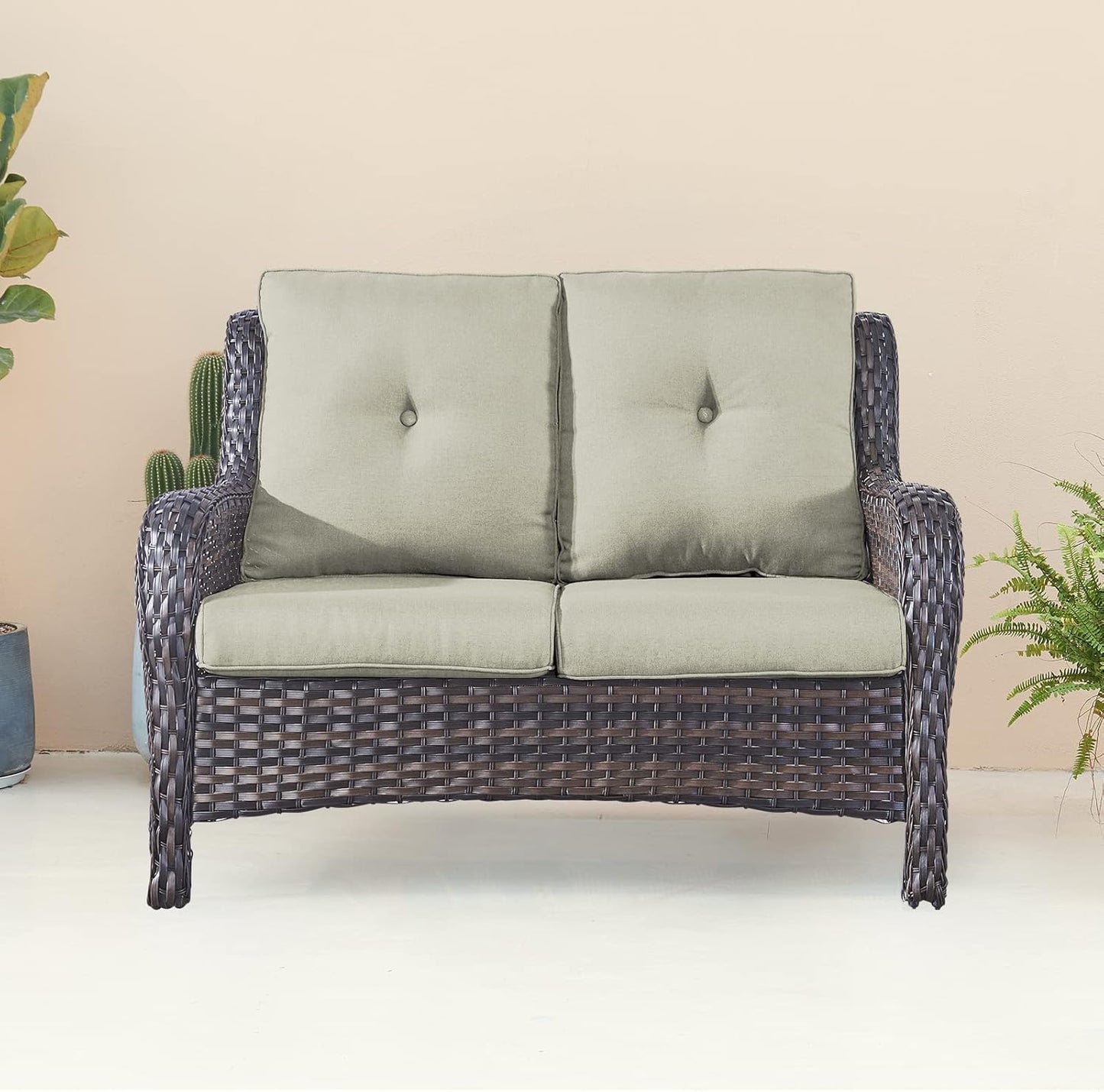 Outdoor Loveseat Small Patio Furniture 2 Seater Sofa Brown Wicker Couch Rattan Settee for Single-Family House