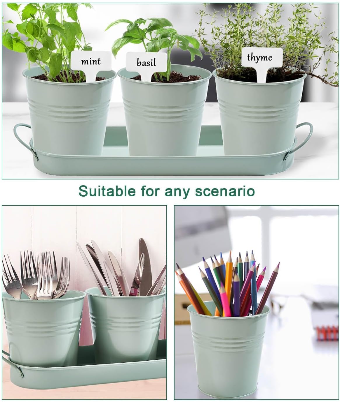 vensovo Indoor Herb Planter Set - Galvanized Windowsill Garden Pots with Tray & Drainage, Set of 3 Metal Window Planters for Kitchen & Outdoor Use, Light Green