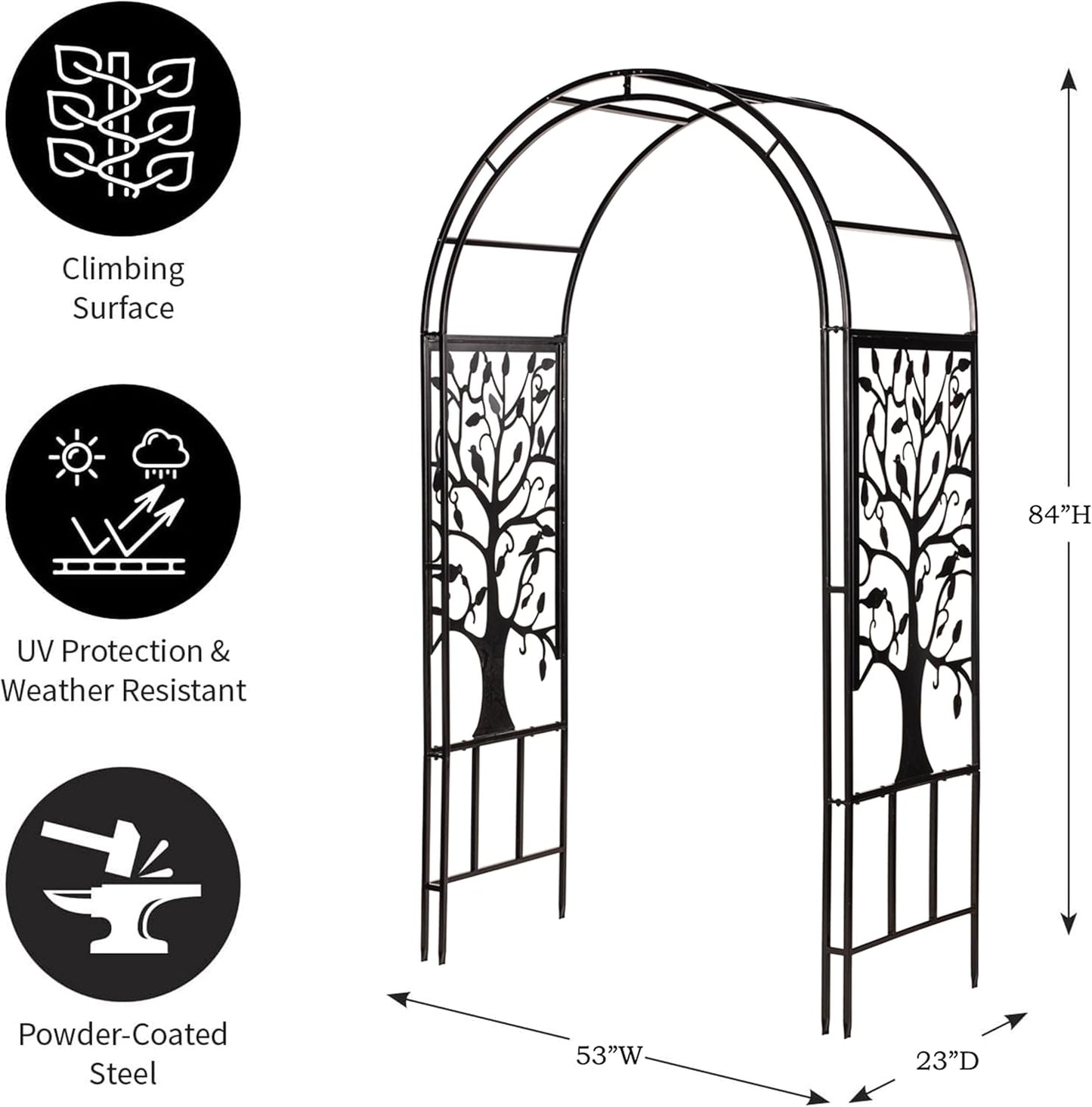 Evergreen Plow & Hearth Tree of Life Garden Arbor - 7 Feet Tall | Slim Metal Arch with Iron Trellis for Climbing Plants | Elegant Wedding Arbor | Outdoor Patio & Garden Decor