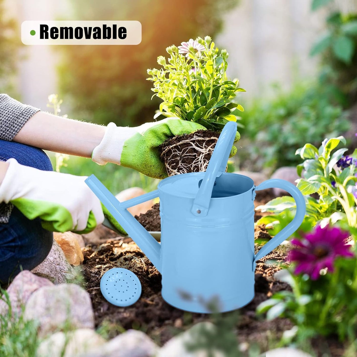 Metal Watering Can (1 Gallon) for Outdoor&Indoor Plants with Free Small Watering can for Kids, Plant Watering Can with Removable spout, Perfect for Garden Flower, Houseplants, (Light Blue)