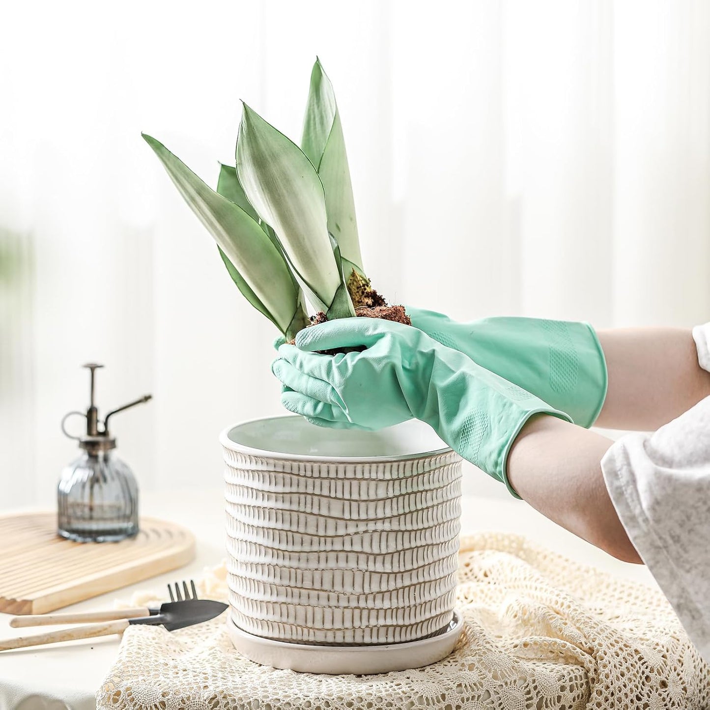 8 Inch Plant Pot: Ceramic Planter with Drainage Hole & Saucer - Cream White Flowerpot for Indoor & Outdoor Plants - with Separate Tray for Home & Office - Wave Embossed Design
