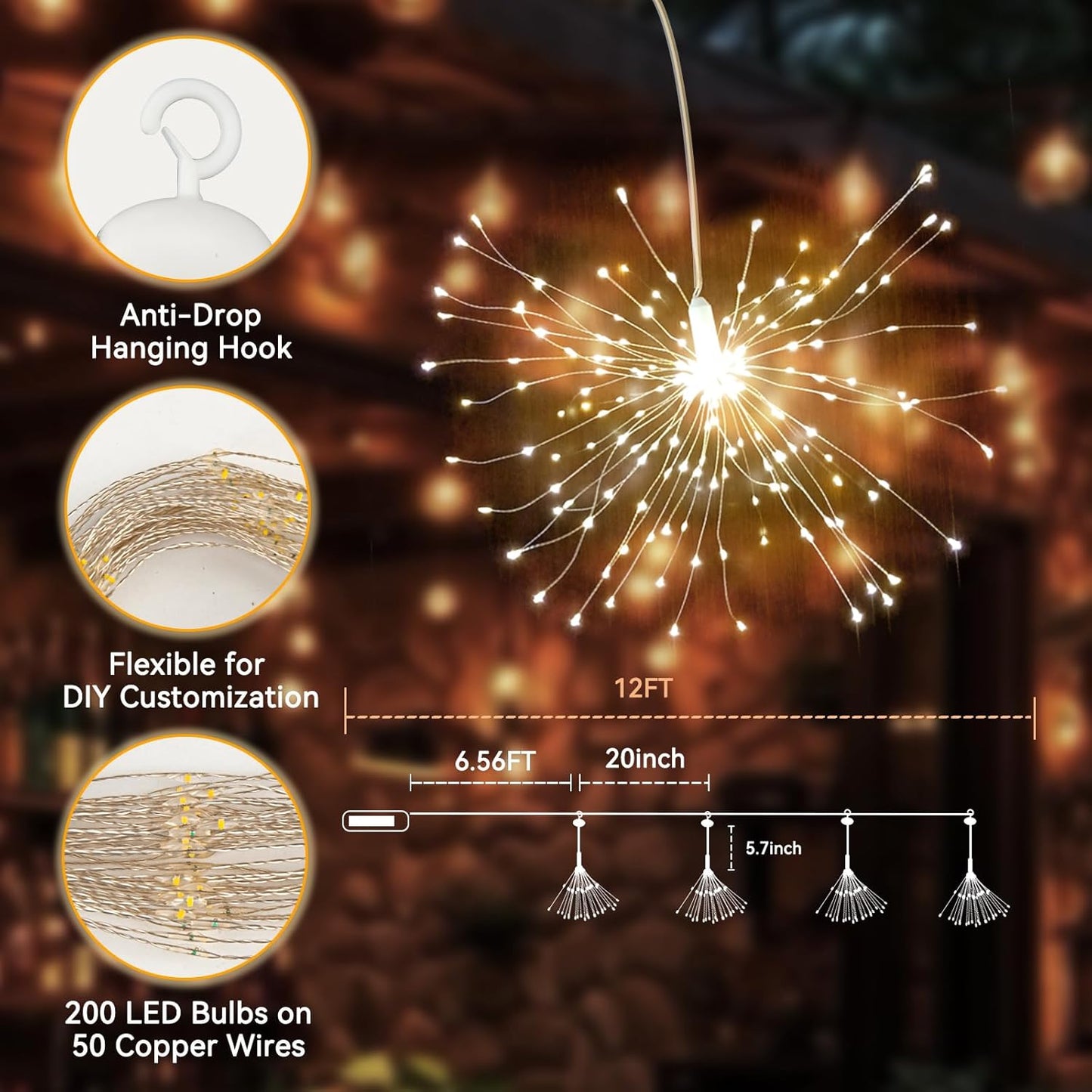 SeaShine 1200LED Fireworks Lights Outdoor, Rechargeable Hanging Fairy Starburst Lights, Waterproof Smart Firework Light with Remotes, 8 Modes, Timer for Garden Weddings Outdoor Christmas Decor 6 Pack
