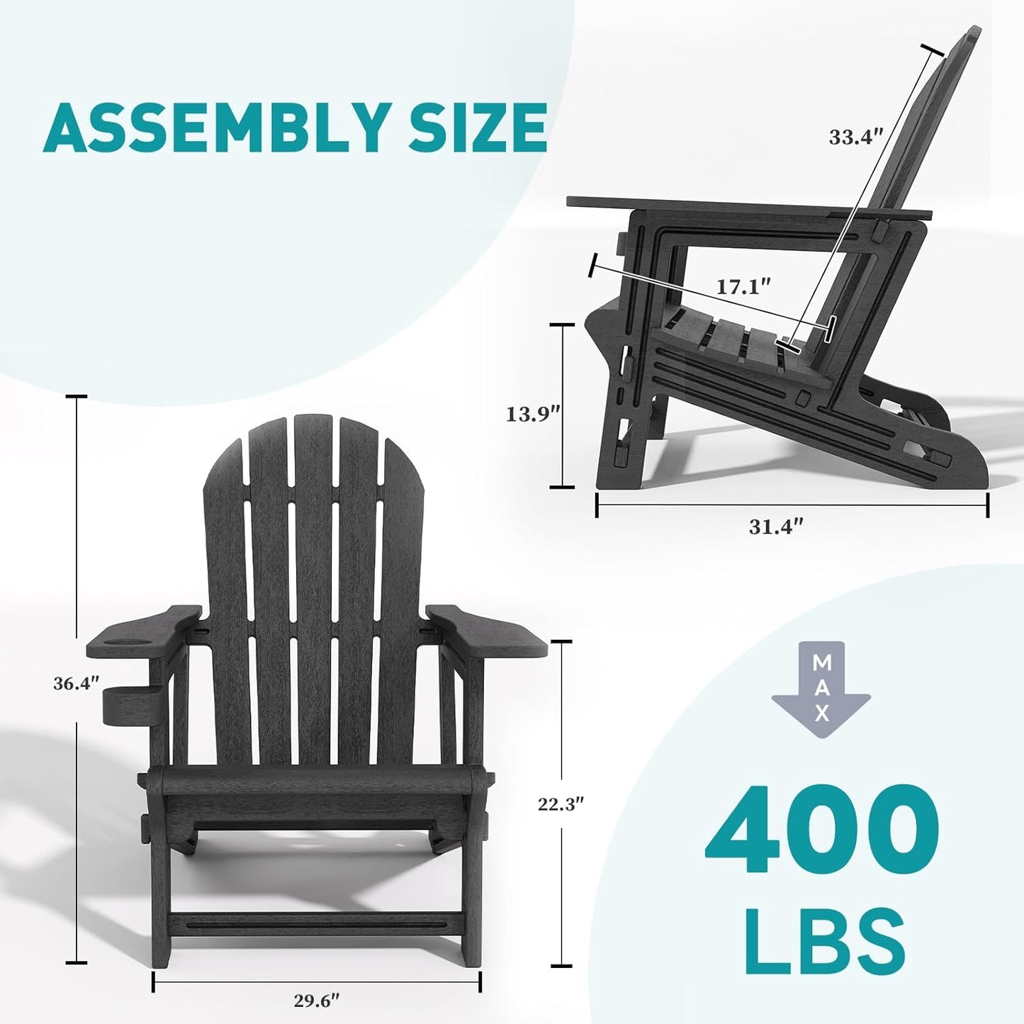 Adirondack Chairs Set of 2, Tool-Free Assembly All-Weather Plastic Adirondack Chairs, HDPE Fire Pit Chairs with Cup Holder, Outdoor Chair for Patio Garden (Black)