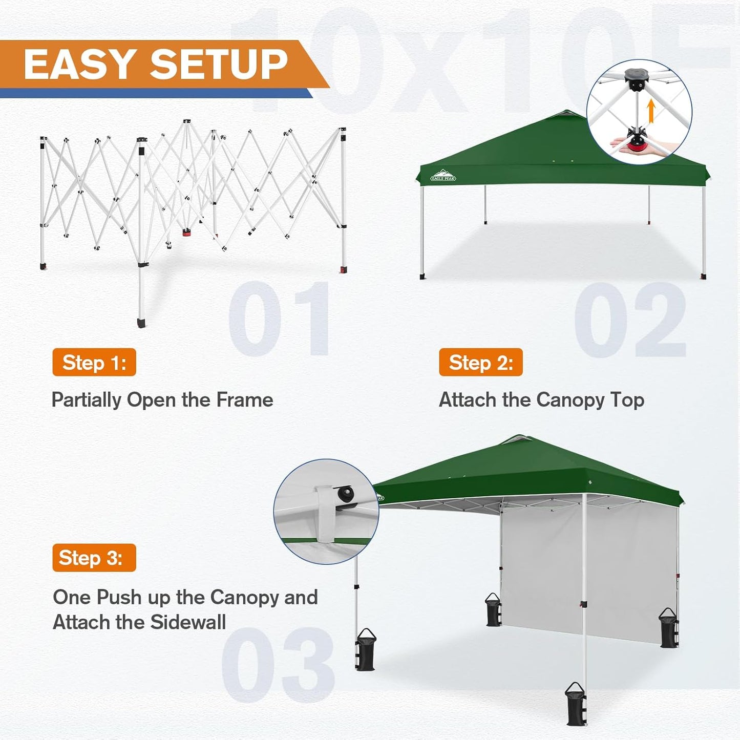 EAGLE PEAK Pop Up Canopy Tent with 1 Sidewall, Easy Setup Event Tent, Outdoor Sun Shade, Wheeled Carry Bag, Stakes and Guy Ropes, Instant Canopy 10x10, Green