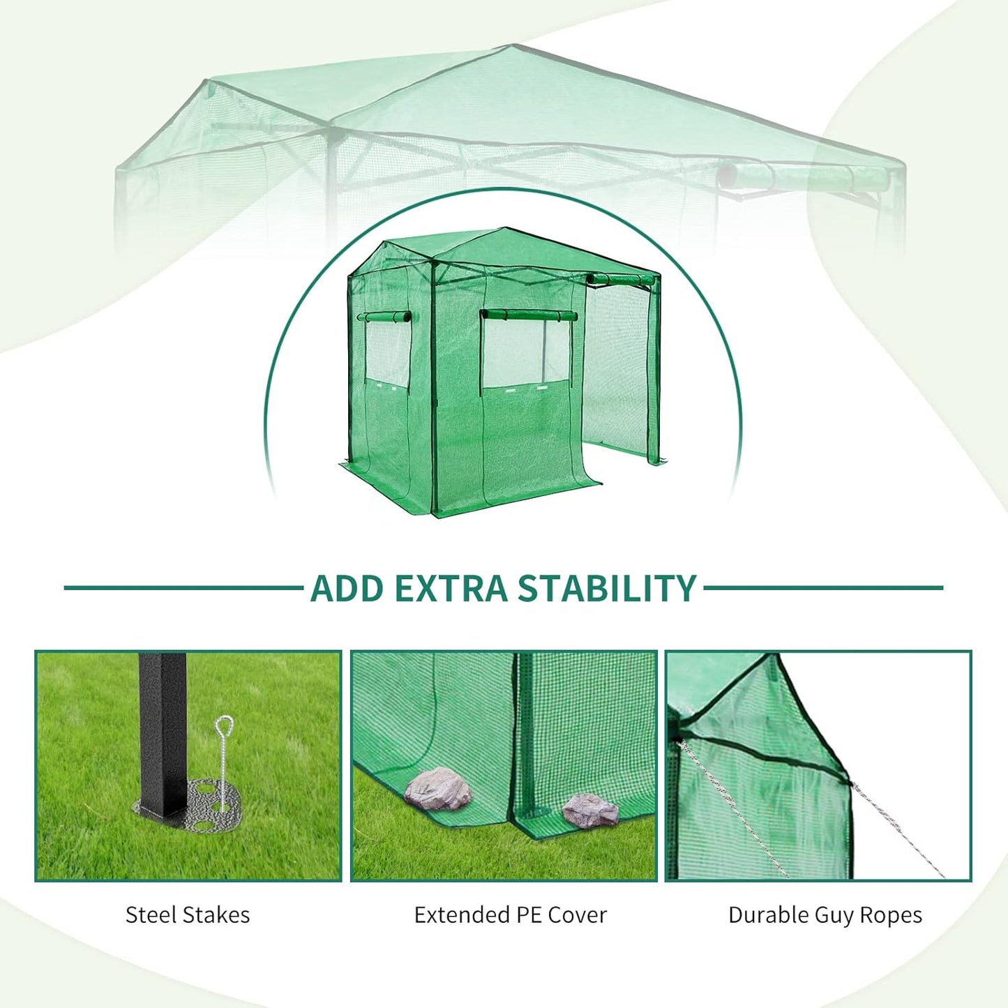 EAGLE PEAK Instant Pop-up Greenhouse, Indoor Outdoor Plant Gardening Green House, Roll-Up Zipper Doors and Side Windows, Walk in 8x6 ft, Green/Clear