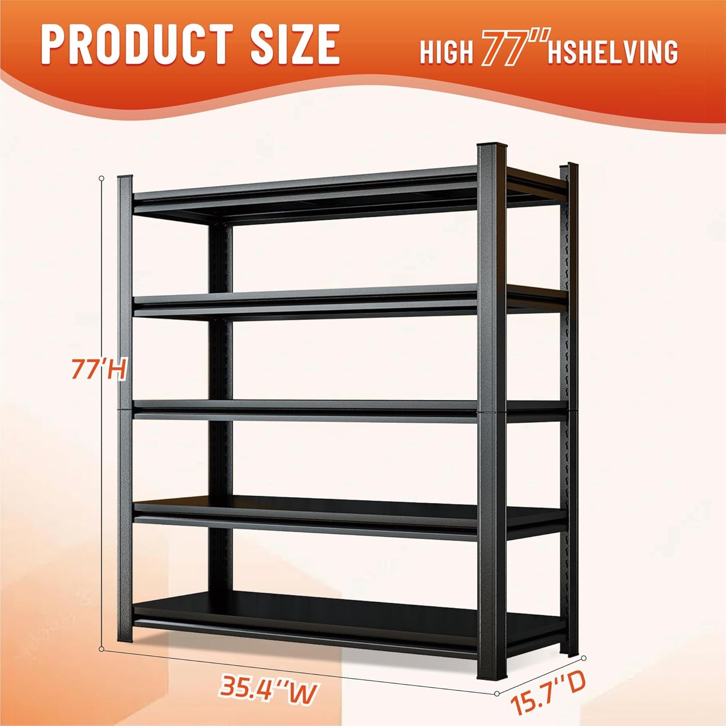 5-Tier Heavy Duty Metal Shelving Unit, 2500LBS Capacity Garage Storage Shelf, Industrial Adjustable Storage Rack for Warehouse, Basement, Commercial & Home Use (77" H x 35.4" W x 15.7" D,Black)