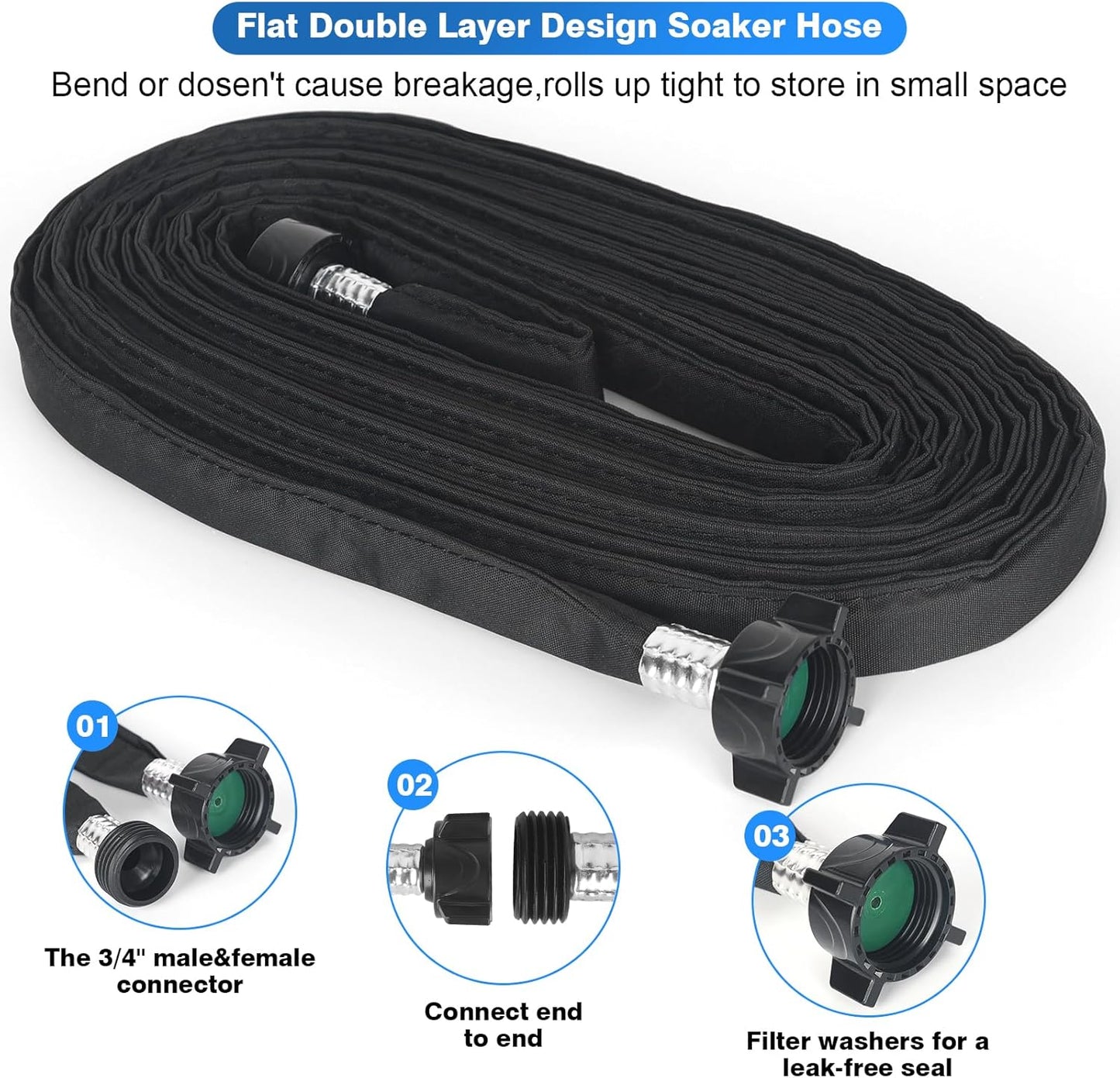 Flat Soaker Hose 15 FT,Drip Hose for Garden Beds Linkable Irrigation System Lightweight and Easy Watering for Tree Plant and Save 80% Water for You (15FT)