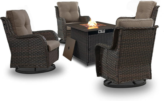 5 Pieces Patio Wicker Furniture Set - 4 Outdoor Swivel Rocker Glider Chairs with 50000BTU Propane Fire Pit Table, Warm Patio Conversation Set Grey Cushion Perfect for Casual Gathering