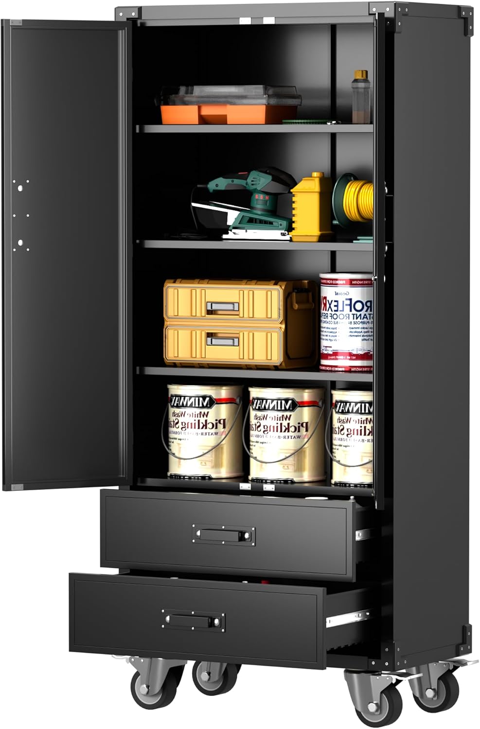 Aobabo Garage Metal Storage Cabinet with Wheels, Lockable Steel Storage Cabinet with 2 Large Drawer and 3 Adjustable Shelves, for Home, Office, Classroom, Black, Assembly Required