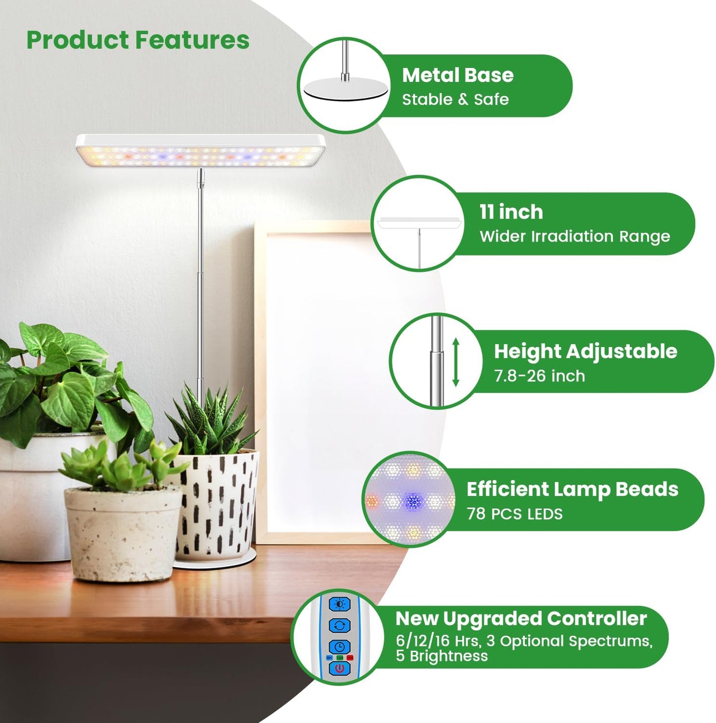 Wiaxulay Grow Light, 78 LED Plant Light for Indoor Plants, Full Spectrum Desktop Growing Lamp with Auto Timer 6/12/16 Hrs, 3 Lighting Modes, 5 Dimmable Levels, Height Adjustable 7.8"-26", 1 Pack