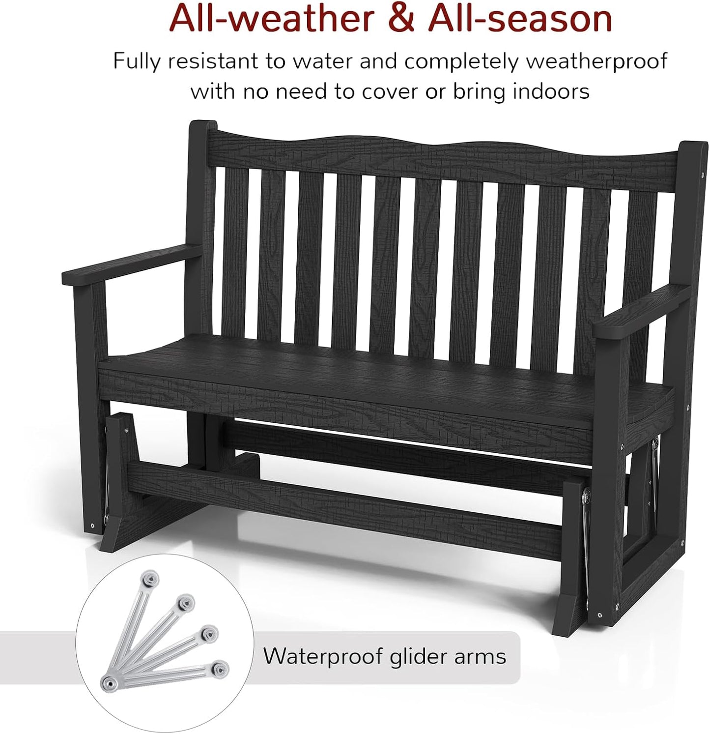 Stoog Outdoor Glider, All-Weather HIPS 2 Person Patio Glider Bench with 800 lbs Weight Capacity, Never Fade or Rot, for Garden, Backyard, Porch, and Deck, Black