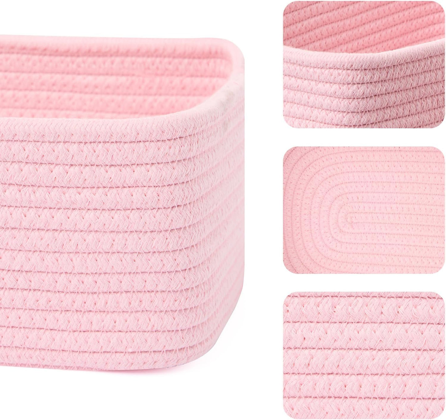 Small Storage Baskets for Organizing | Closet Organizer Bins | Shelf Toy Basket | Woven Rope Baskets | Cube Decorative Box | Shallow Basket | 11.5x7.5x4.7” | 3 Packs Light Pink