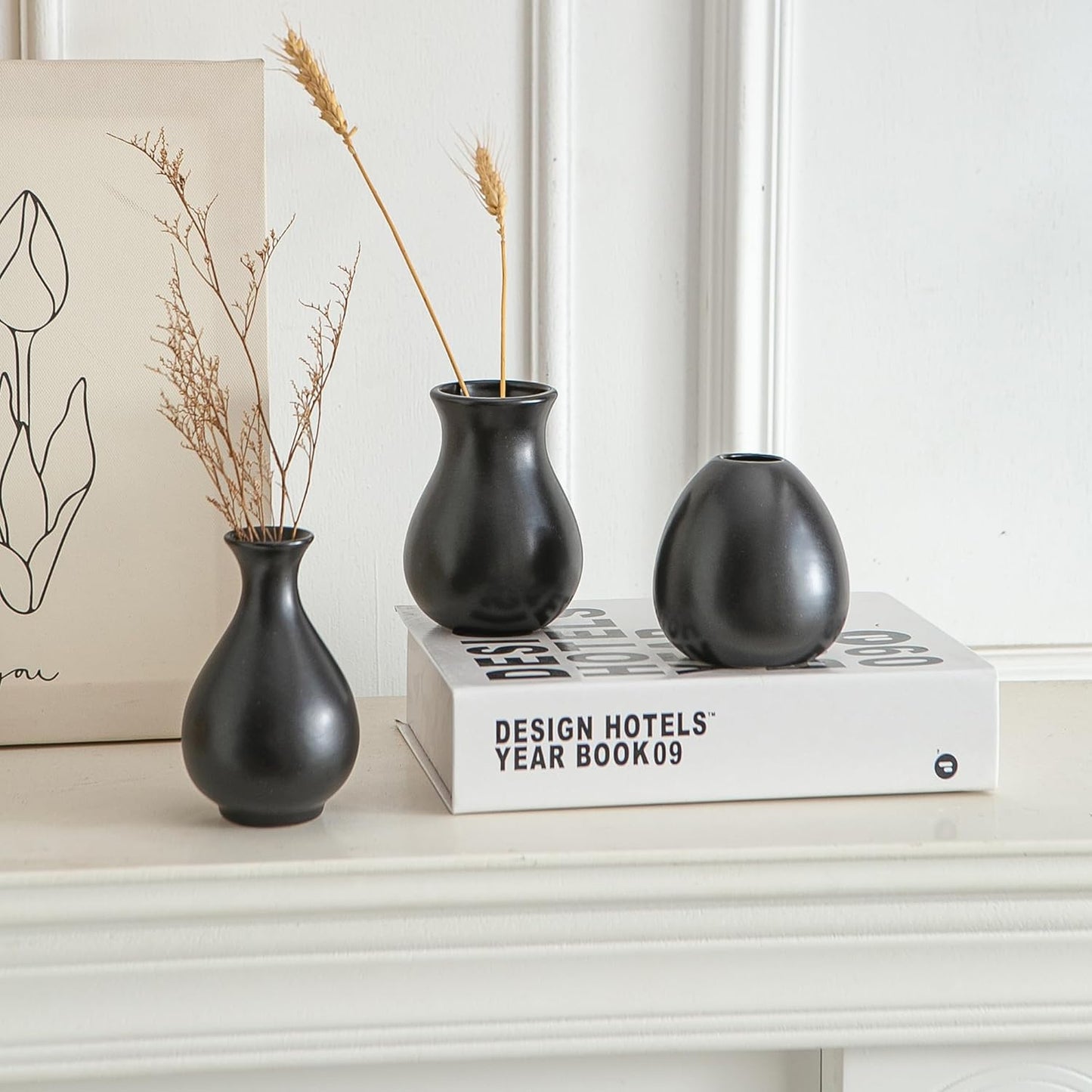 JOJUNO Black Bud Vases, Small Ceramic Vase Set of 11, Mini Pottery Vases for Flowers, Decorative Pieces for Home Modern Decor, Boho Decor, Chic Accents for Living Room Dining Table Shelves