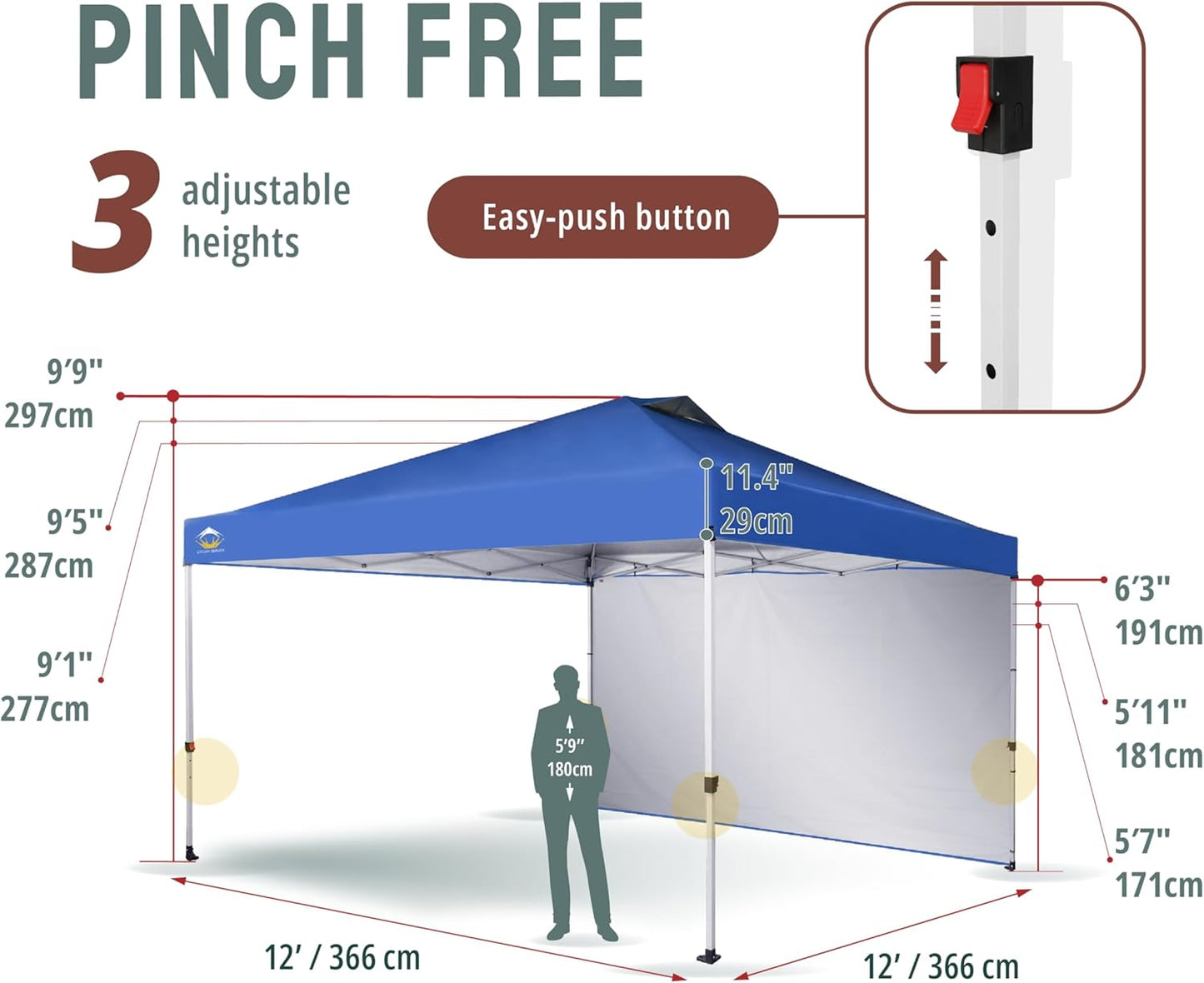 CROWN SHADES 12x12 Pop Up Canopy Tent Instant Commercial with 150D Silver Coated Fabric Including 1 Removable Sidewall, 4 Ropes, 8 Stakes, Weight Bags, STO 'N Go Bag, Blue