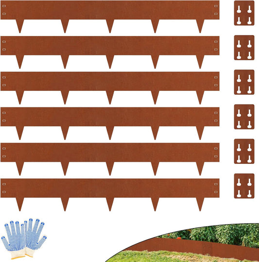 Cor Ten Steel Landscape Edging 6" H x 40" L, 6 Pack Heavy Duty Metal Garden Edging, 20Ft Pre-Rustyed Steel Edging, Bendable Metal Edging for Landscaping, Yard, Tree, Flower Bed