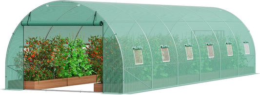 VEVOR Walk-in Tunnel Greenhouse, 29.2x9.7x6.5 ft Hoop House Greenhouse Tunnel, Plant Hot House with Galvanized Steel Frame, Green PE Cover, Roll-up Zipper Door and 12 Windows for Outdoor