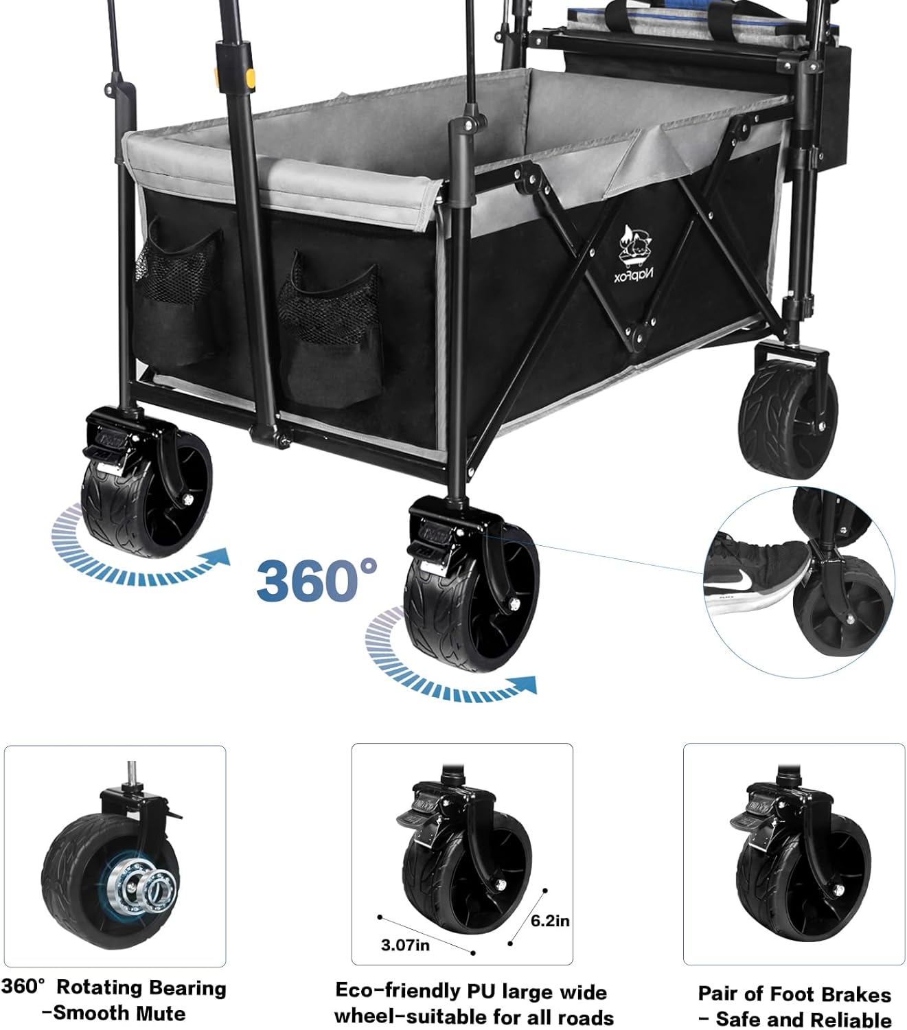 Collapsible Wagon Foldable Wagon Cart with Removable Canopy, Adjustable Push Pulling Handles,Cooler Bag Utility Carts for Shopping, Picnic, Camping,Black Grey