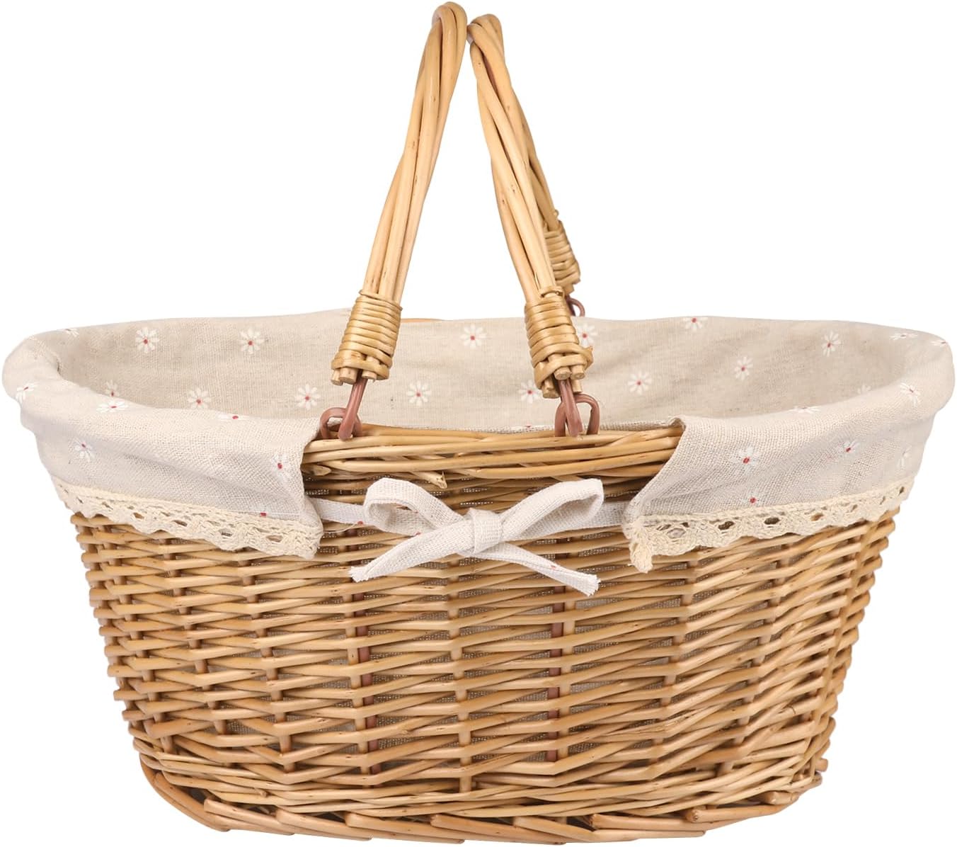 2 Pack Medium Size Oval Willow Basket with Handle, 12.6x9x4.7 Inch Wicker Picnic Basket with Liner, Empty Gift Basket, Wicker Basket for Fruit, Candy, Wine, Gathering, Wedding, Picnic, by GNIEMCKIN