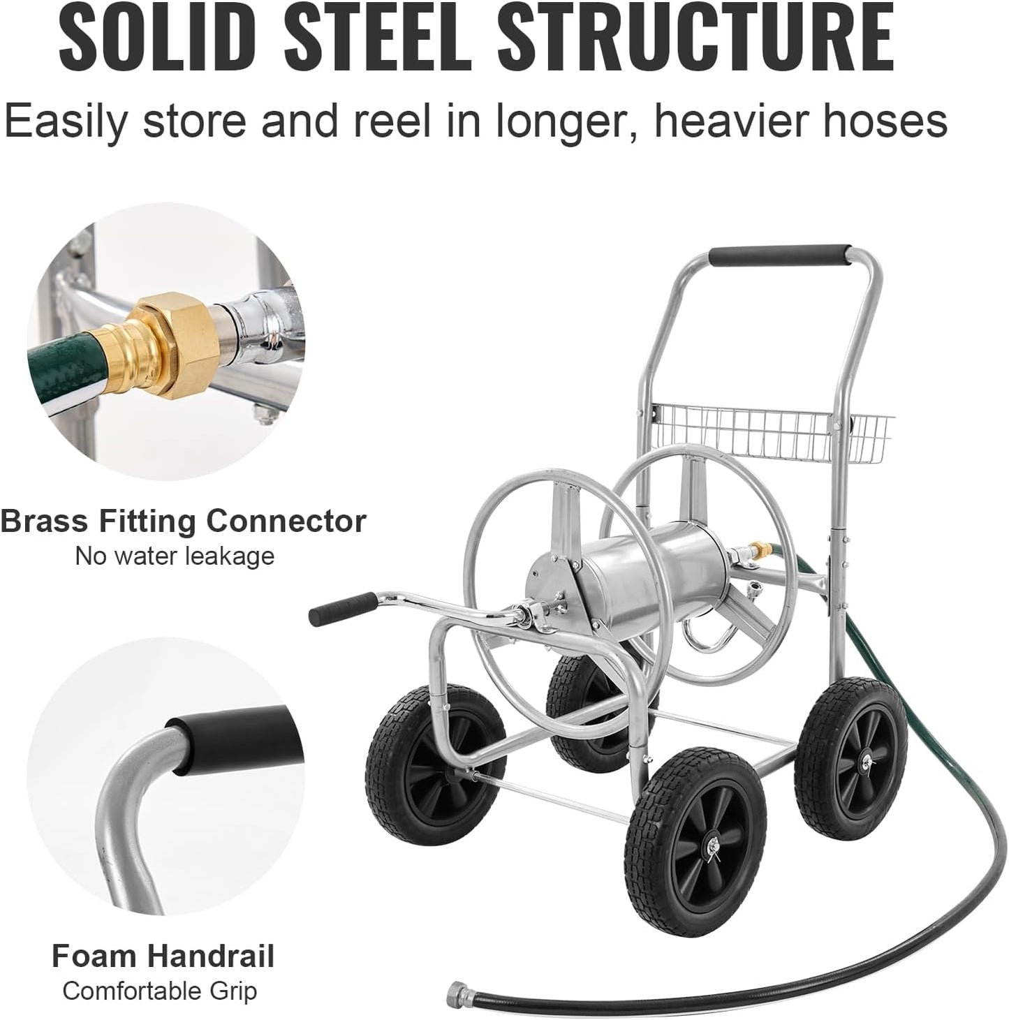 VEVOR Hose Reel Cart, Hold Up to 250 ft of 5/8’’ Hose, Garden Water Hose Carts Mobile Tools with 4 Wheels, Heavy Duty Powder-coated Steel Outdoor Planting with Storage Basket, for Garden, Yard, Lawn