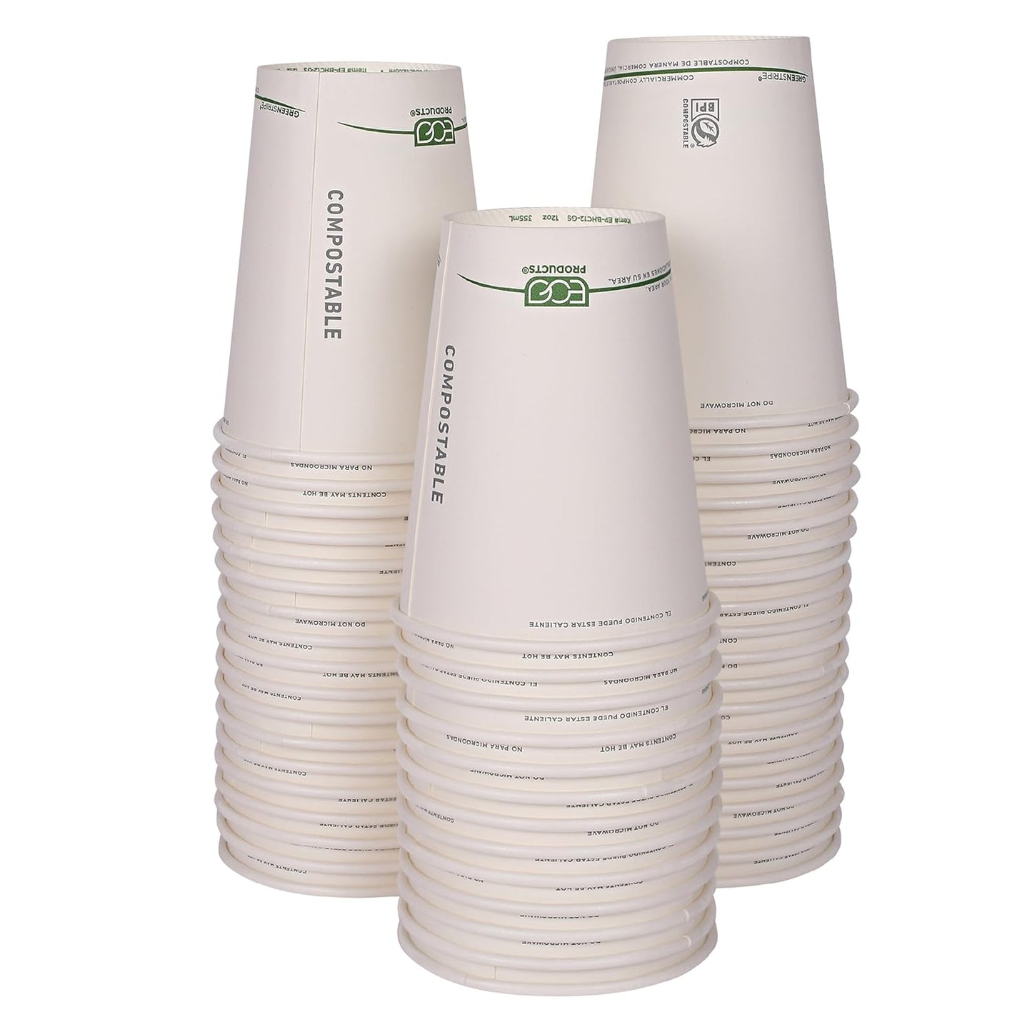 ECO PRODUCTS Compostable Disposable GreenStripe 12oz Coffee Cups, Pack of 50, White Single Wall Hot Paper Cup, Plant Based PLA Lining, Biodegradable