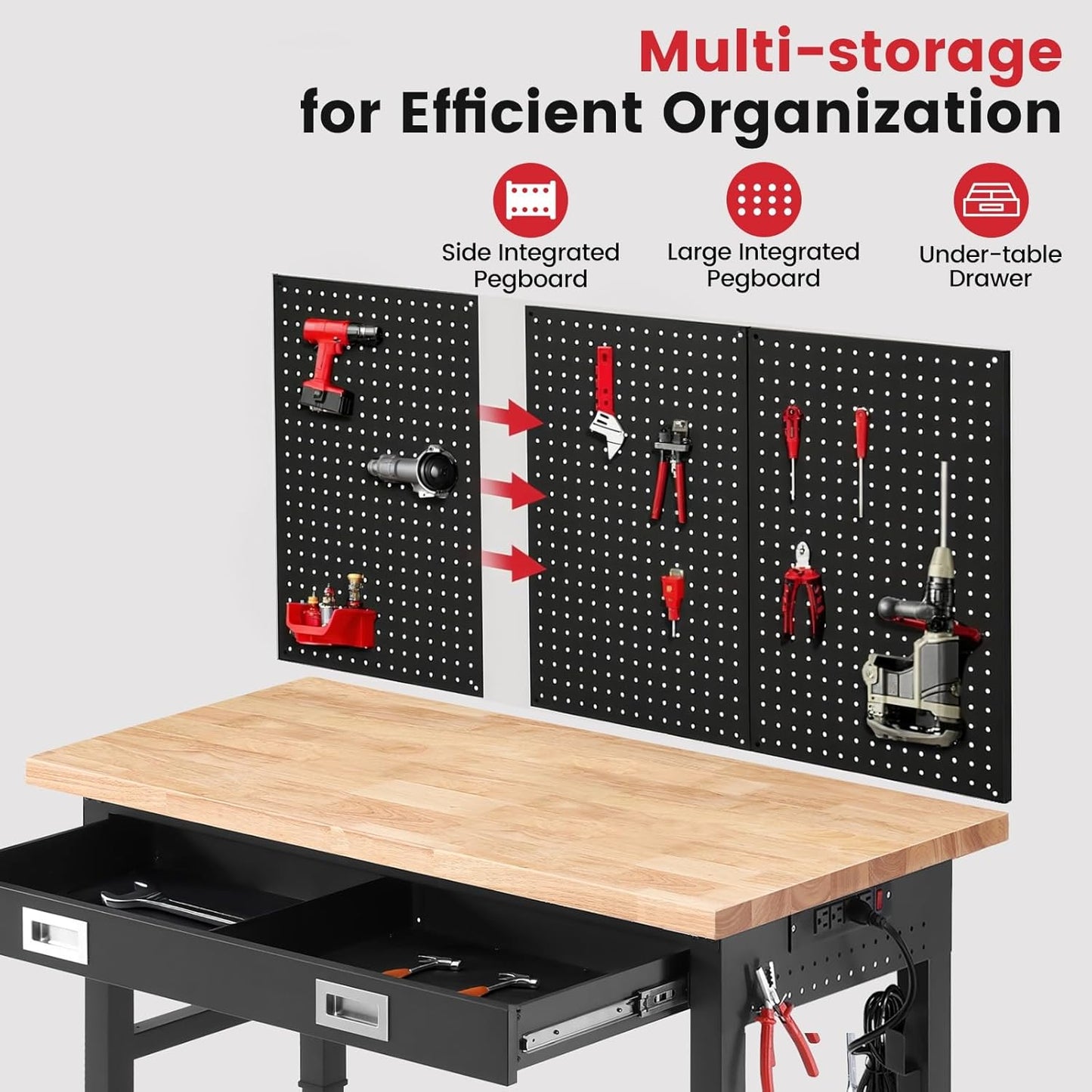 Work Bench for Garage 48 x 24 Inch Adjustable Height Workbenches with Drawers Heavy Duty Rubberwood Tabletop Work Table with Pegboard, Power Outlets for Office Home Commercial