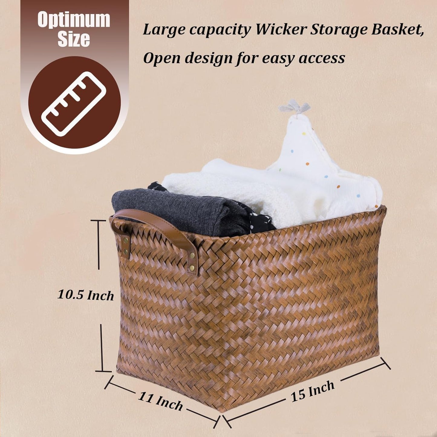 BROWNLILY Handwoven Clothes Basket Laundry Hampers Large Wicker Storage Baskets for Shelves Blankets Closet Storage Bins Car Bedroom Bathroom Organizers and Storage Bath (Pack of 4, Brown)