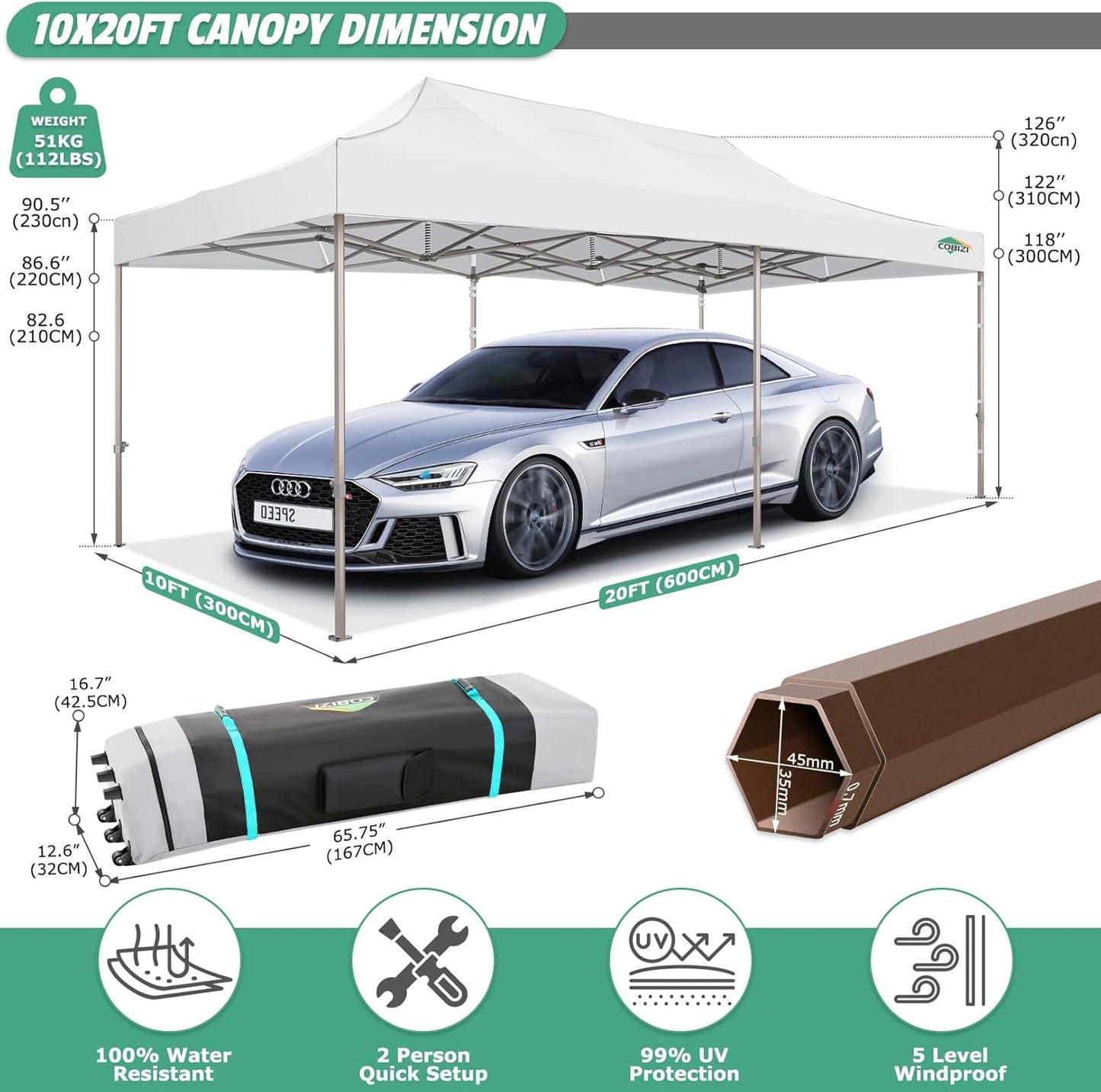 COBIZI 10x20 Pop Up Canopy Heavy Duty Without Sidewalls, Commercial Heavy Duty Pop Up Tent for Parties All Weather Waterproof and UV 50+ Wedding Tent with Roller Bag(Legs Upgraded),White