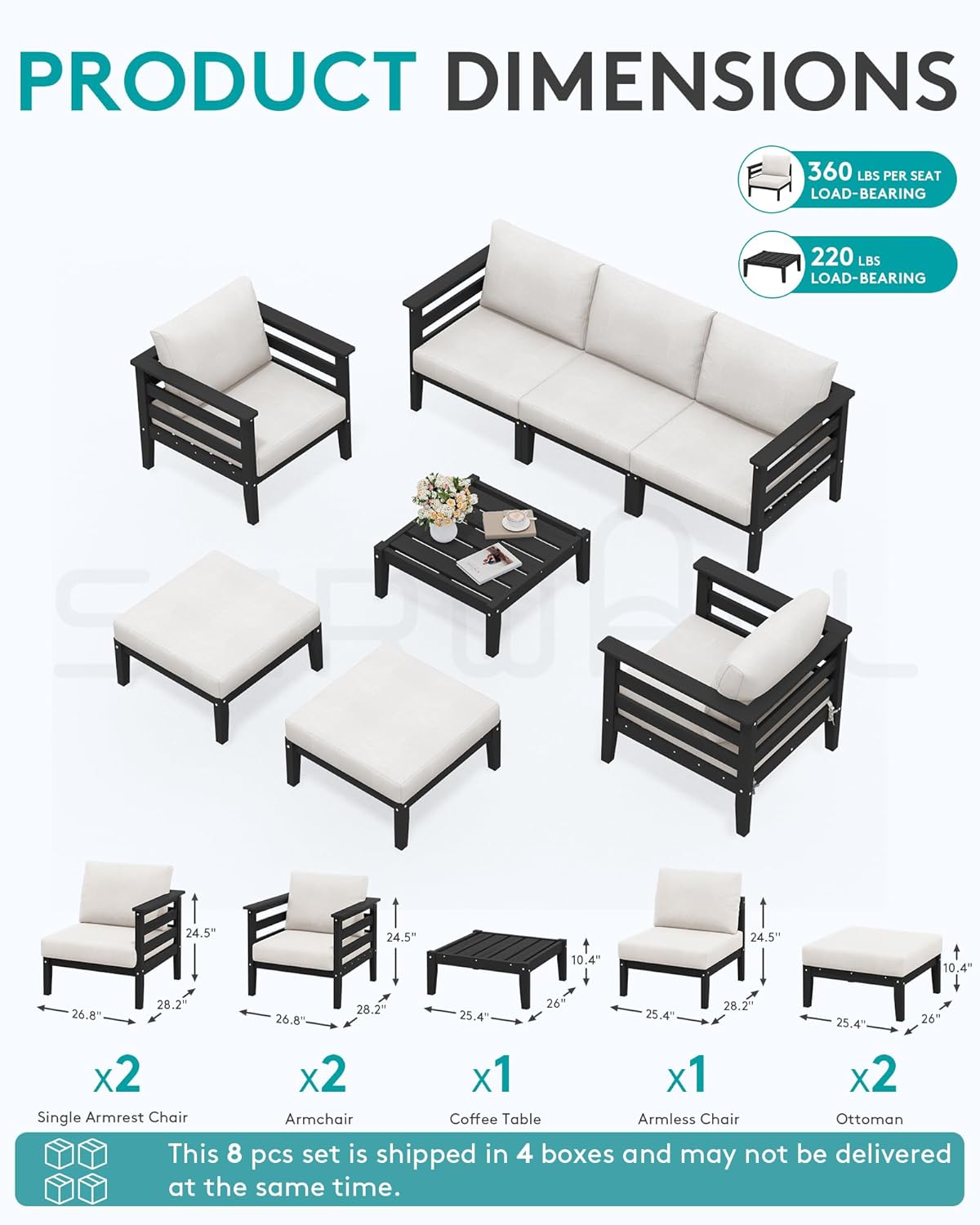 SERWALL HDPE Patio Furniture Set, 8 Pieces Composite Outdoor Furniture, All-Weather Wood-Like Outdoor Sofa Couch with Coffee Table for Deck, Lawn, Black Frame with Khaki Cushion