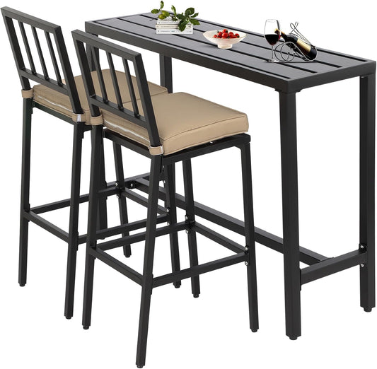Outdoor Patio Bar Set, Bar Height Patio Dining Set, Weather-Resistant Bistro Counter Pub Set with Cushions & Slatted Tabletop for Backyard, Garden, Yard (47" Table, 2 "I Style Stool, Black)
