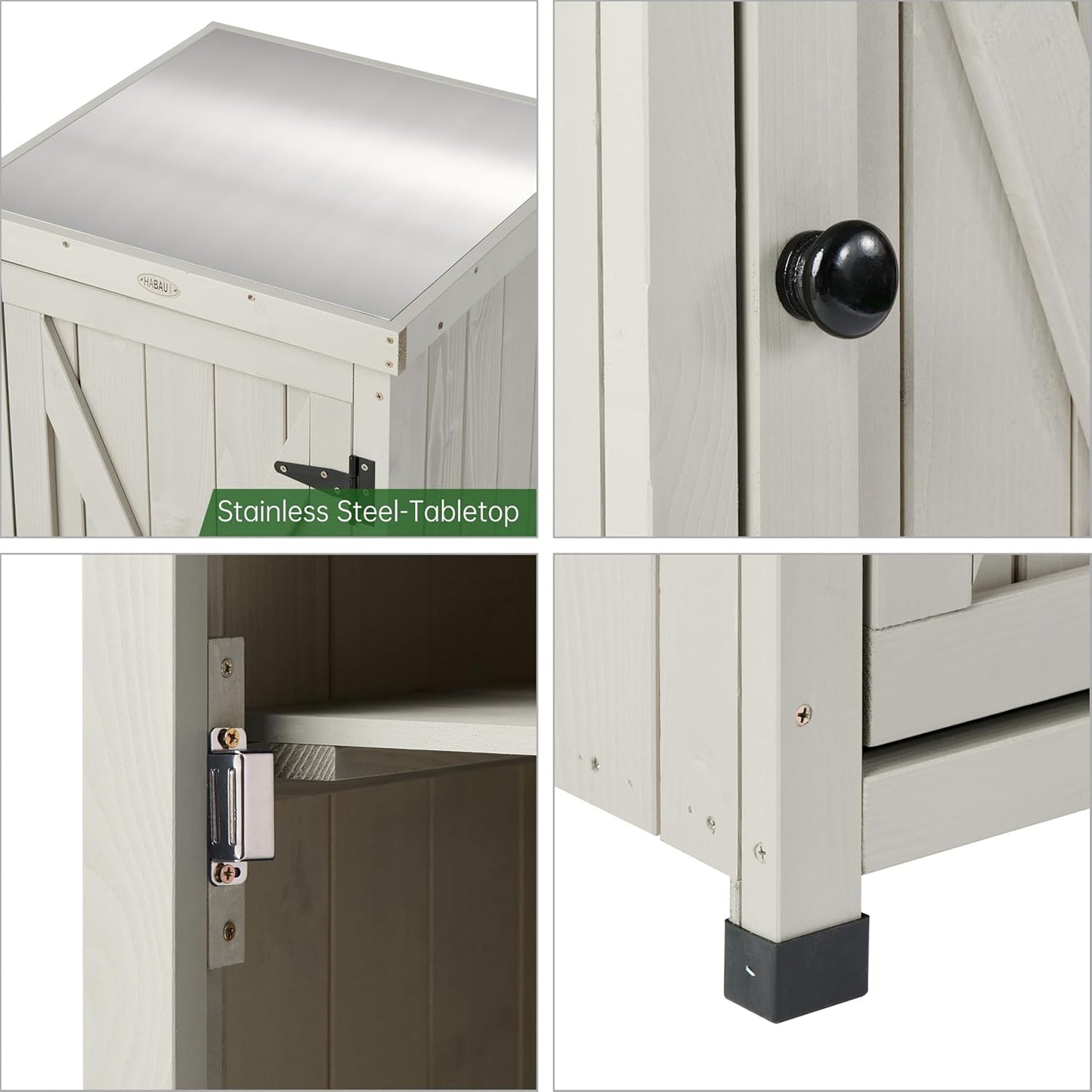 Outdoor Storage Cabinet for Patio, Garden Potting Bench Table with Shelves & Metal-Tabletop, Wooden Planting Work Station, Weatherproof