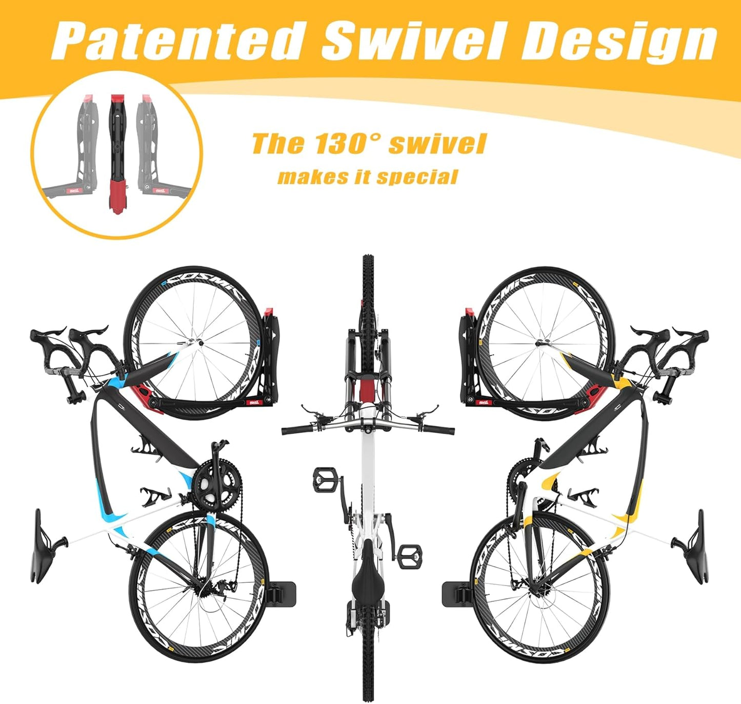 TORACK BIKEPAL Space Saving Wall Mounted Swivel Bike Racks, Vertical Bike Wall Hangers for Garage Storage Solution (2 Pack)