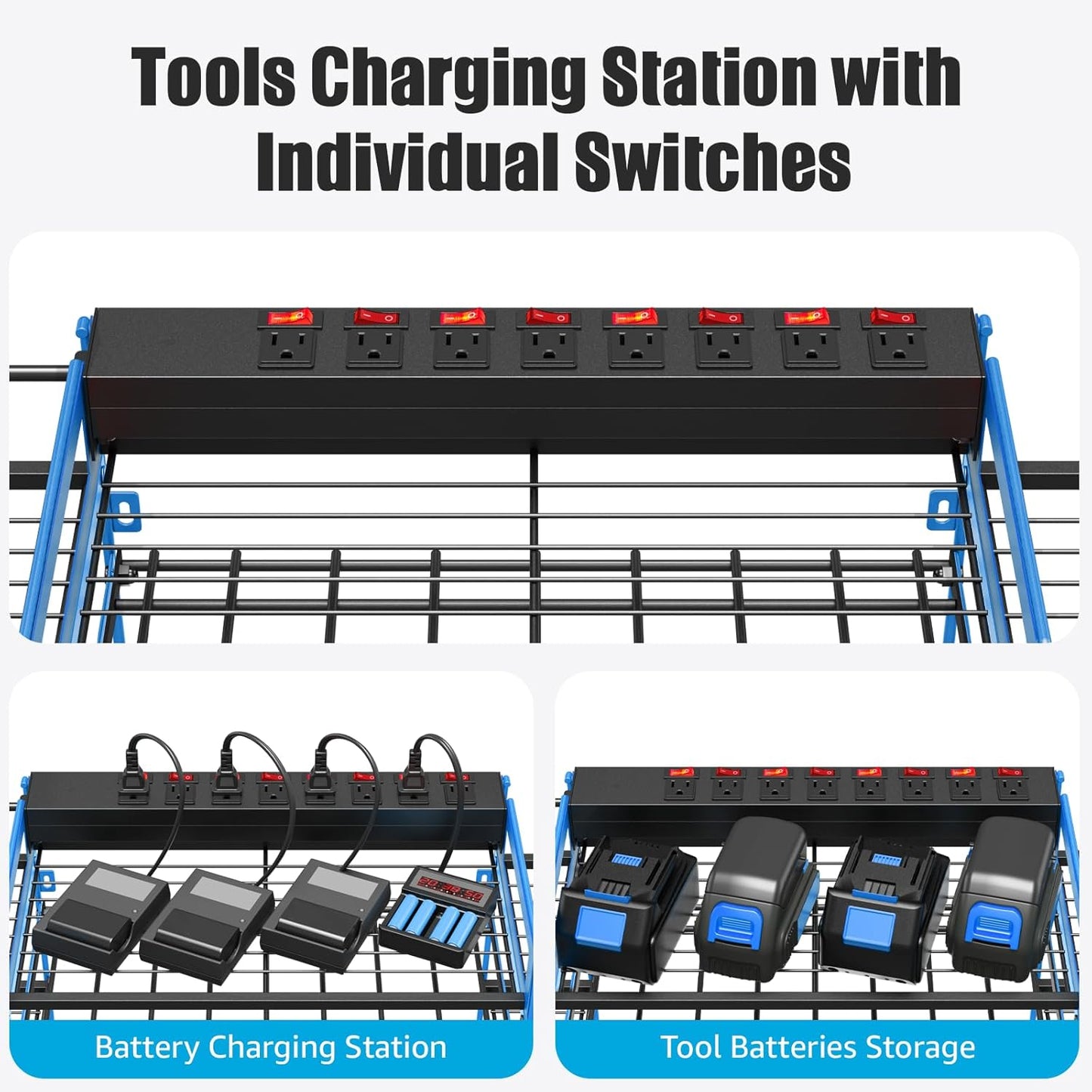 CCCEI Blue Power Tool Organizer Wall Mount, Large Tools and Battery Storage Rack Charging Station Individual Switches. Drills Holder, Garage Utility Shelves with 6FT Power Strip. Gift for Men.