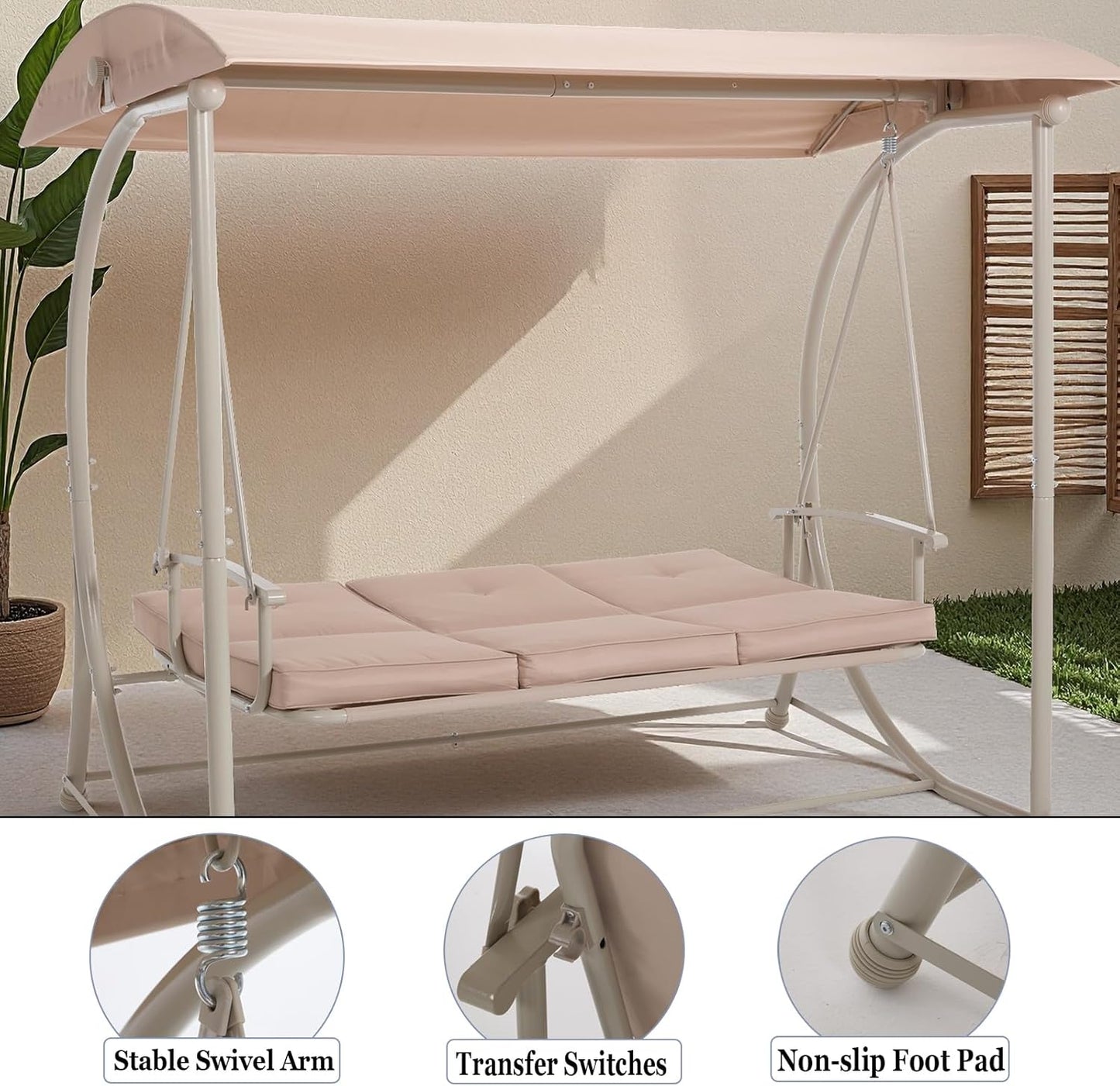 Patio Swing with Canopy, Outdoor Swinging with Stand, Backyard Swings for Adults, 2 in 1 Porch Swing Bed, Outdoor Patio Swings,Yard Heavy Duty Covered Patio Swing, Khaki