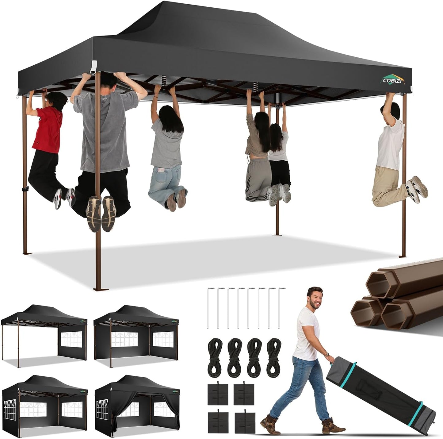 COBIZI 10x15 Pop Up Canopy Tent Heavy Duty with Sidewall, Commercial Outdoor Easy Pop Up Gazebo for Party Wedding All Weather Waterproof UV 50+ with Roller Bag(Leg Upgraded),Black