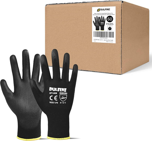 DULFINE Ultra-Thin PU Coated Work Gloves-60 Pairs,Excellent Grip,Nylon Shell Black Polyurethane Coated Safety Work Gloves, Knit Wrist Cuff,Ideal for Light Duty Work. (Small)