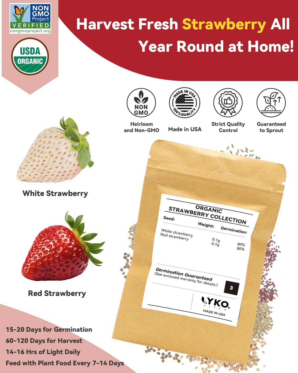 LYKOCLEAN Hydroponic Seed Pod Kit Compatible with AeroGarden, Ahopegarden, iDoo, MUFGA, 8 Pods Complete Growing Anything Garden Supply with Strawberry Seeds, Grow Sponges, Baskets, Domes, Labels