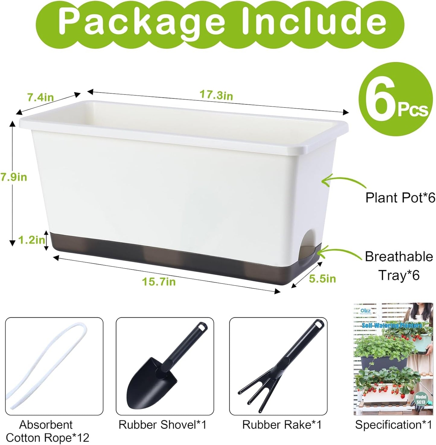 Window Box Planter 6 Pcs, 17 Inches Rectangle Flower Pots with Drainage Holes and Trays, Vegetable Planters for Windowsill Patio Garden Balcony Home Porch Yard Indoor Outdoor (Grey, 17*7.4*7.8 inch)