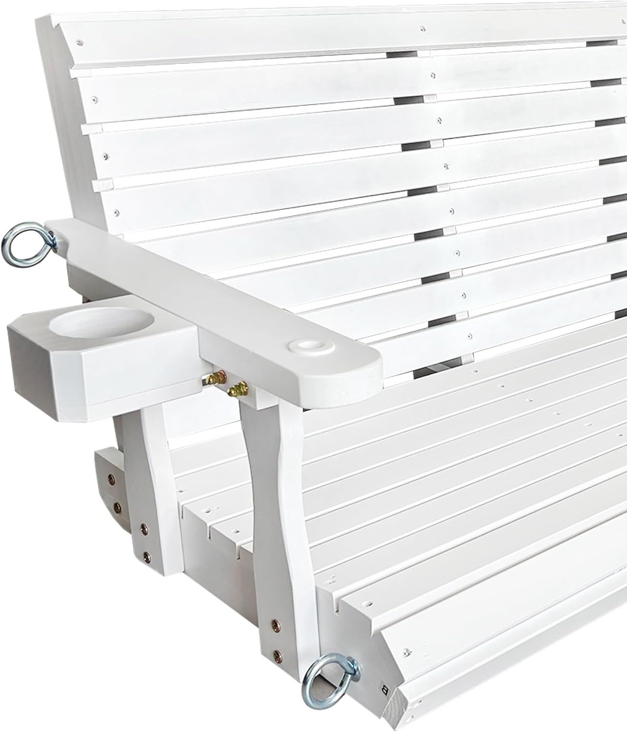 Wooden Porch Swing 3-Seater, High Backrest and Deep Seat, Bench Swing with Cupholders, Hanging Chains and 7mm Springs, Heavy Duty 880 LBS, for Outdoor Patio Garden (Pure White, 5 FT Extra Large)