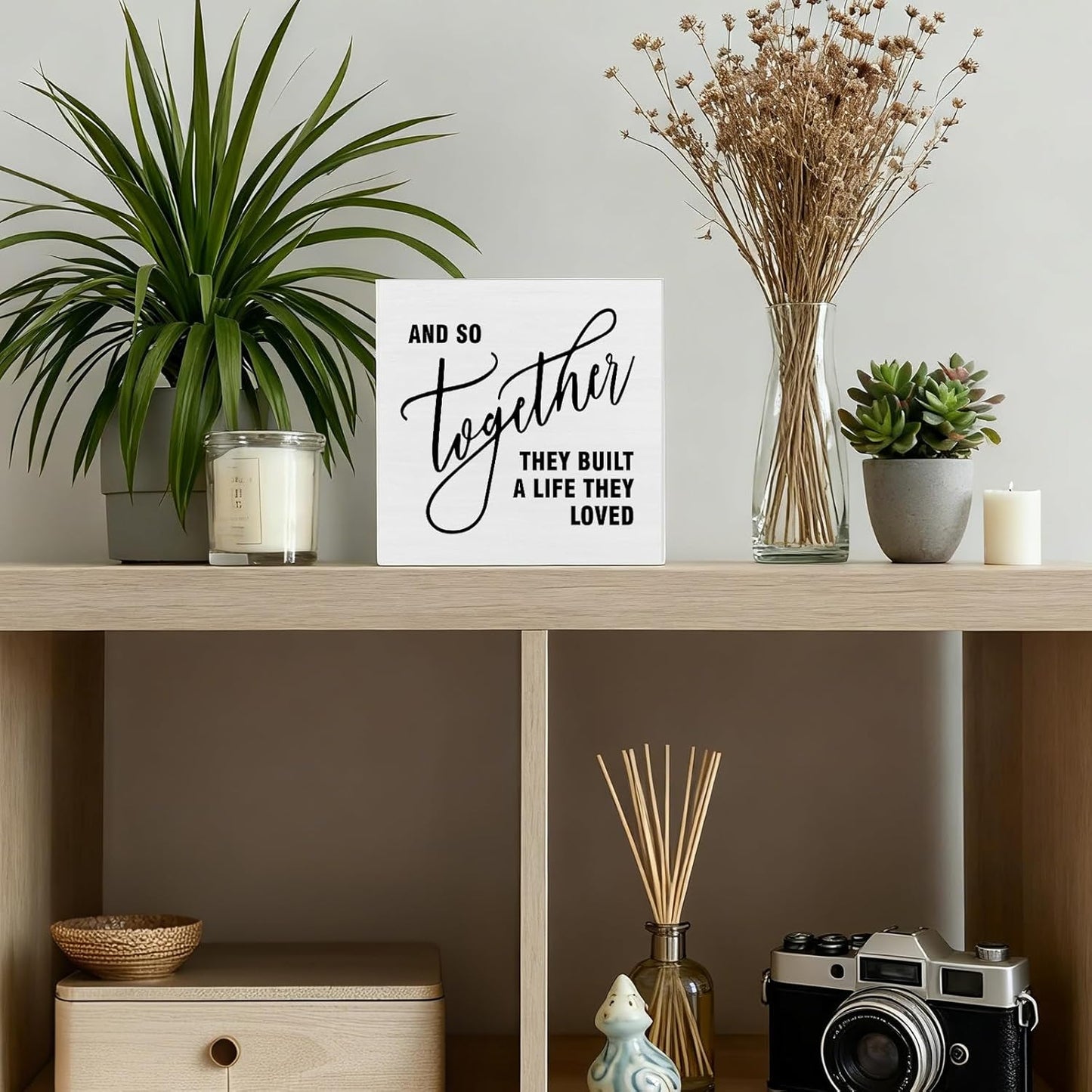 Family Decor, Together They Built A Life Rustic Farmhouse Wooden Box Sign, Family Home Decorations for Living Room Bedroom Desk Table Shelf