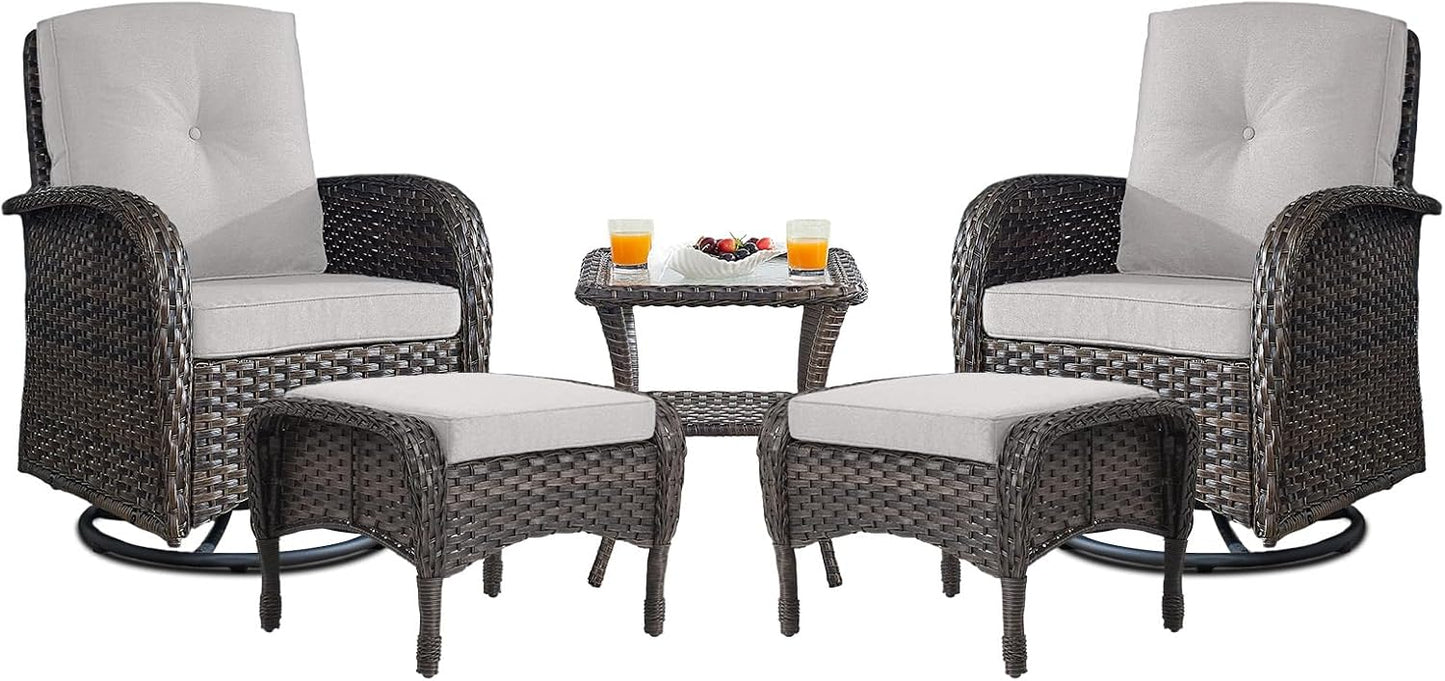 Small Conversation Sets Patio Funiture - 5 Piece Outdoor Swivel Rocker Wicker Furniture Sets with Ottomans Side Table Perfect for Patio Deck Backyard, Brown Wicker Beige Cushion