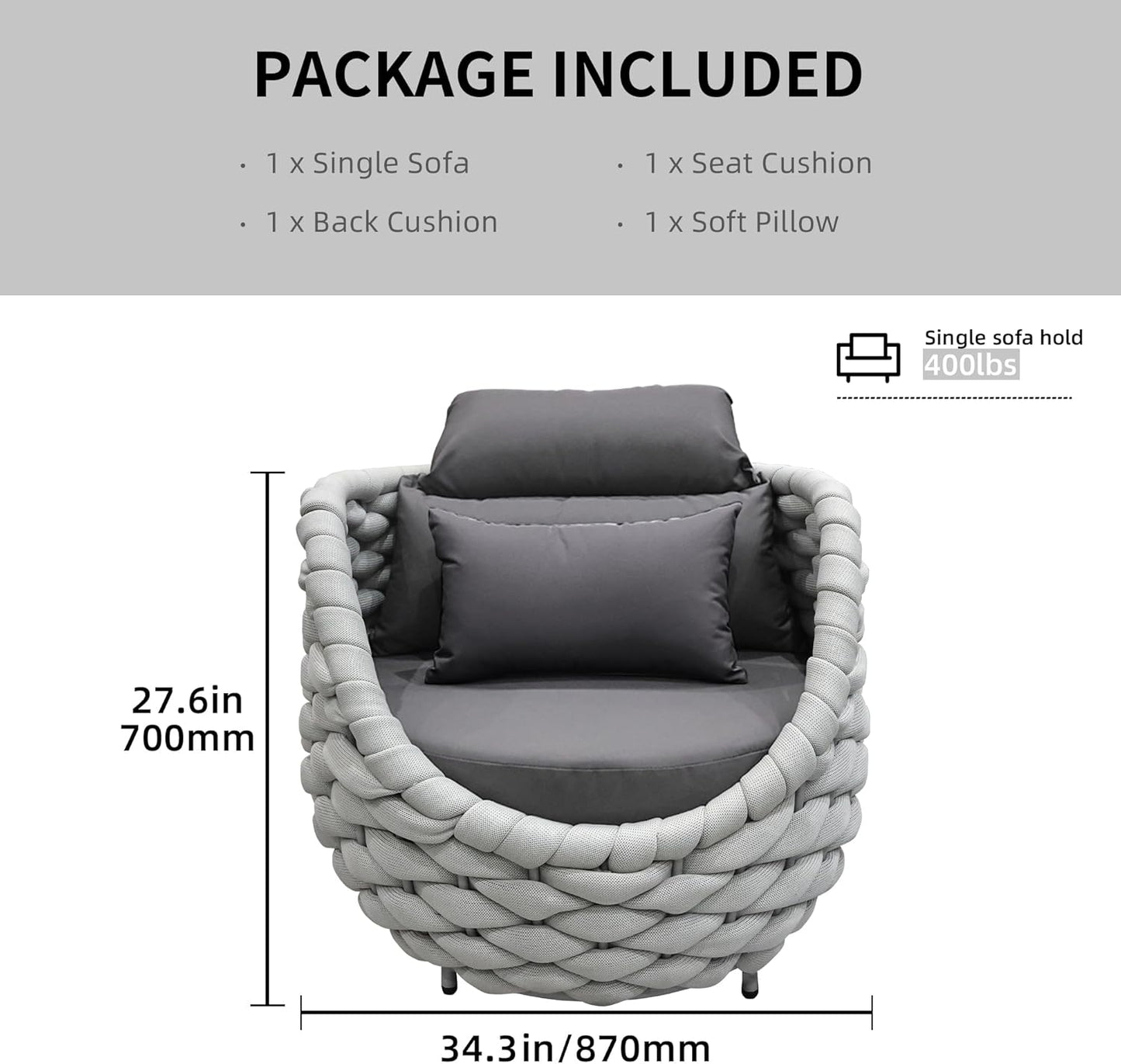 TWT 6 Pieces Patio Sofas All-Weather Rope Balcony Furniture with Dark Grey Cushions & Pillows, Patio Couch Outdoor Patio Furniture Set for Indoor, Balcony, Backyard, Poolside, Grey