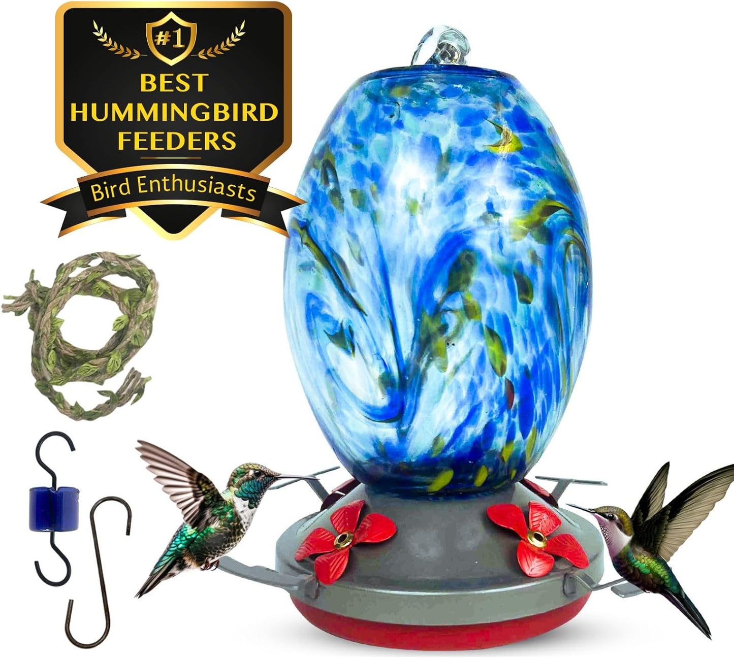 Nature Gear Hummingbird Feeder, Hanging-Mount Glass Hummingbird Feeders for Outdoors, Hand-Blown Glass Feeder with Ant Moat for Garden Hummingbirds, Easy to Clean & Rust Resistant, Sky Blue