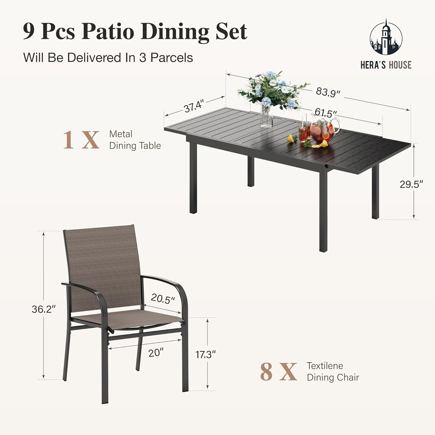 HERA'S HOUSE 9 Pieces Patio Dining Set, Outdoor Table Chairs Set for 8, 8 x Brown Dining Chair and 1 x Extendable Metal Dining Table for Patio Garden Porch Deck