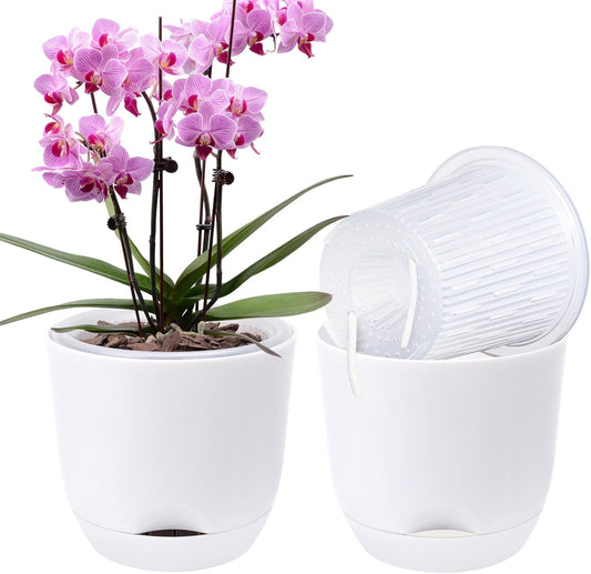 QCQHDU 2 Pack Orchid Pots with Holes for Repotting, Double-Layer and Self Watering Orchid Pot with Good Air Circulation