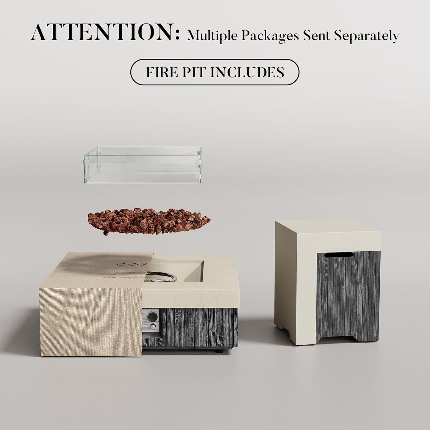 COSIEST 35" Outdoor Propane Fire Pit Table w Tank Cover & Wind Guard, Square Gas Fire Pit Table with Concrete & Wood Grain Design, 50000BTU CSA Certified Fire Tables for Patio, Backyard, Garden