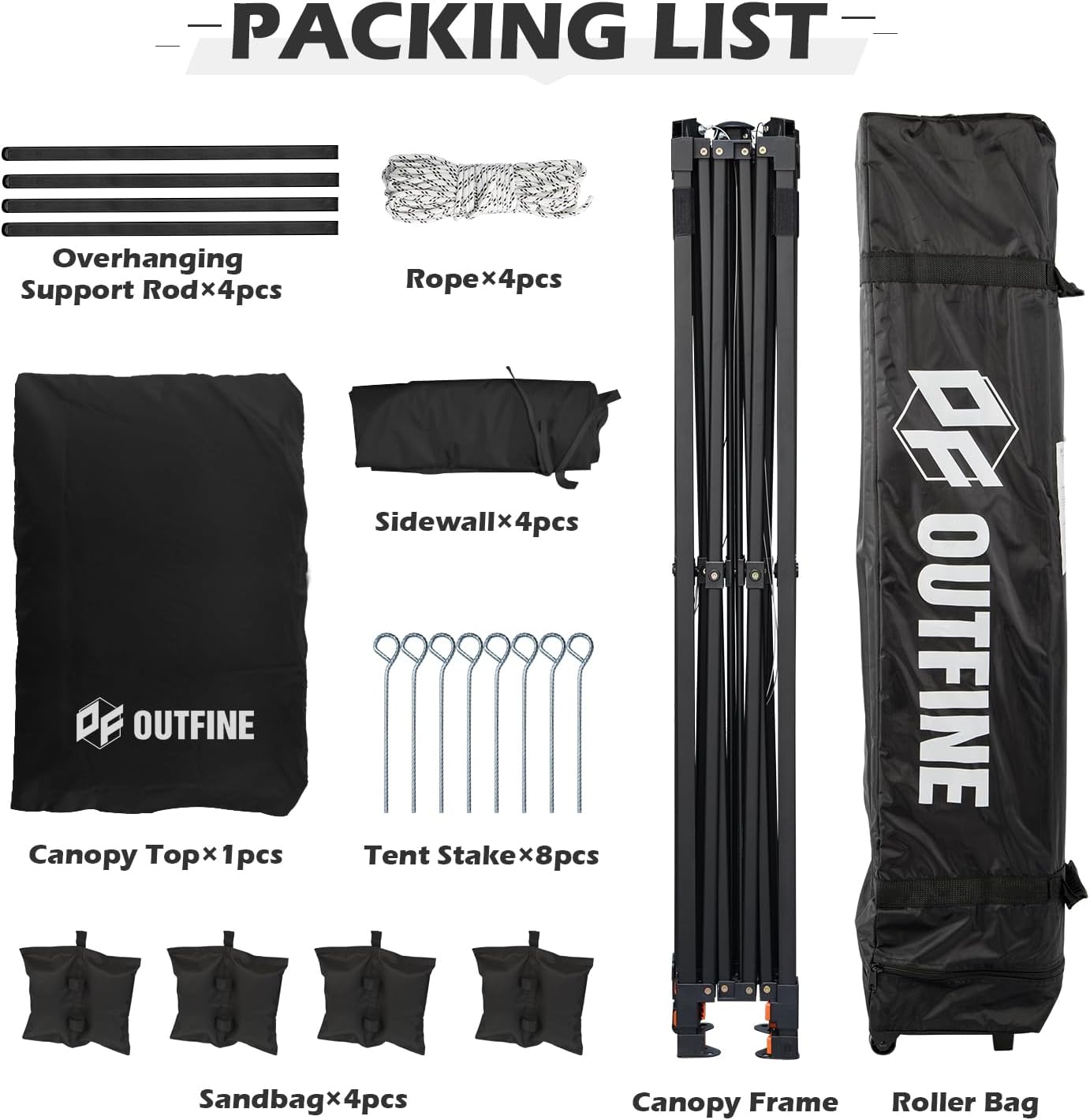 OUTFINE 12×12 Pop Up Canopy-Heavy Duty Canopy Tent with Sturdy Metal Frame(10×10 Base) Reinforced with Steel Cables, Roller Bag, Sidewall×4 for Exhibition, Party&Backyard (Black, 12 * 12FT Pro)